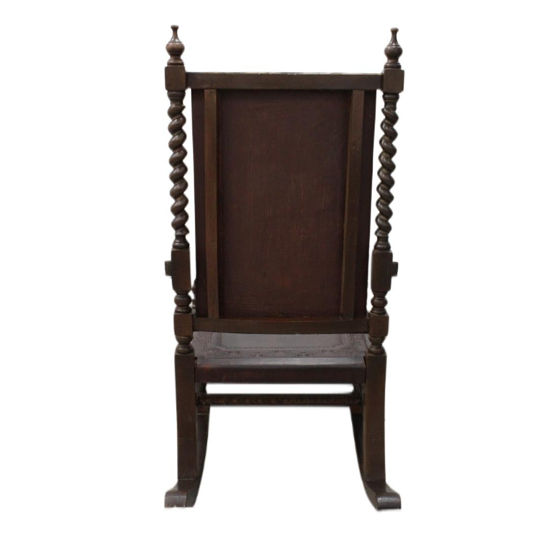 20th Century Hand Carved Rocking Chair w/Tooled Leather For Sale