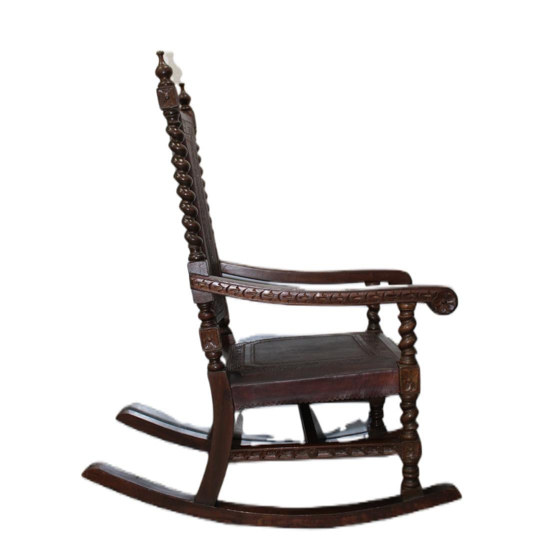 Hand Carved Rocking Chair w/Tooled Leather For Sale 1