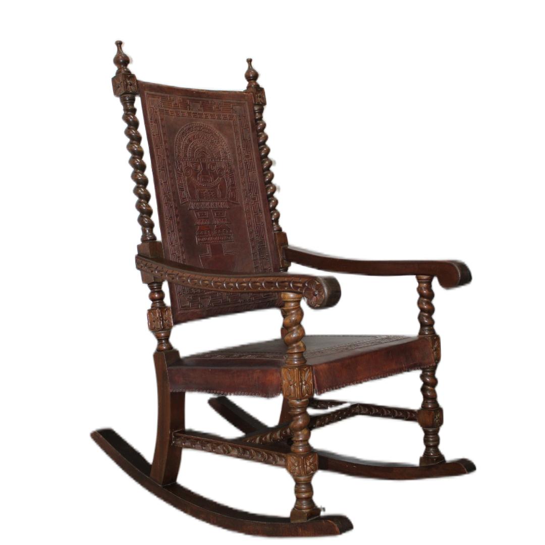 Hand Carved Rocking Chair w/Tooled Leather For Sale 2