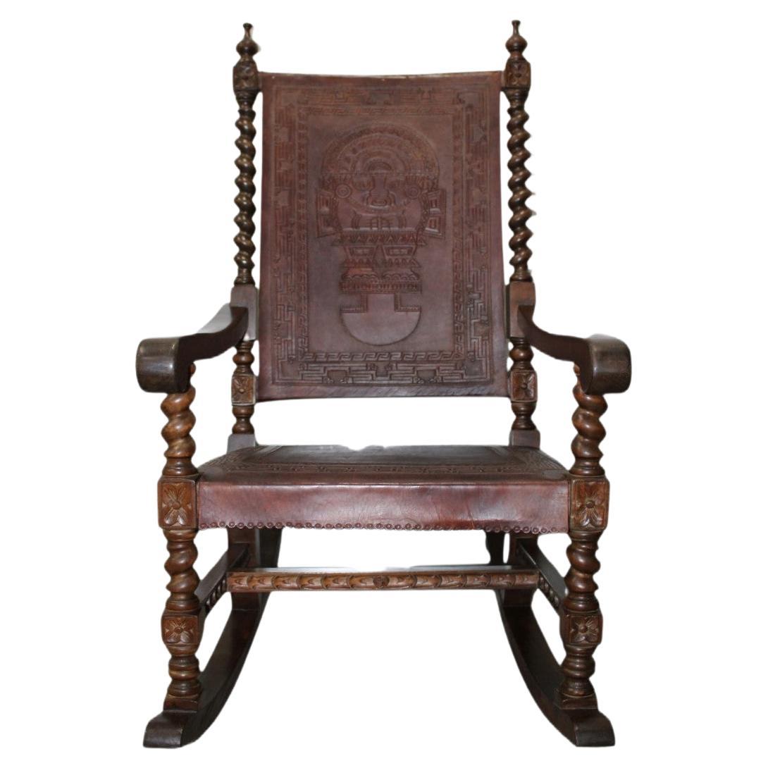 Hand Carved Rocking Chair w/Tooled Leather For Sale