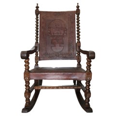 English Rocking Chair Hand Carved W/ Tooled Leather
