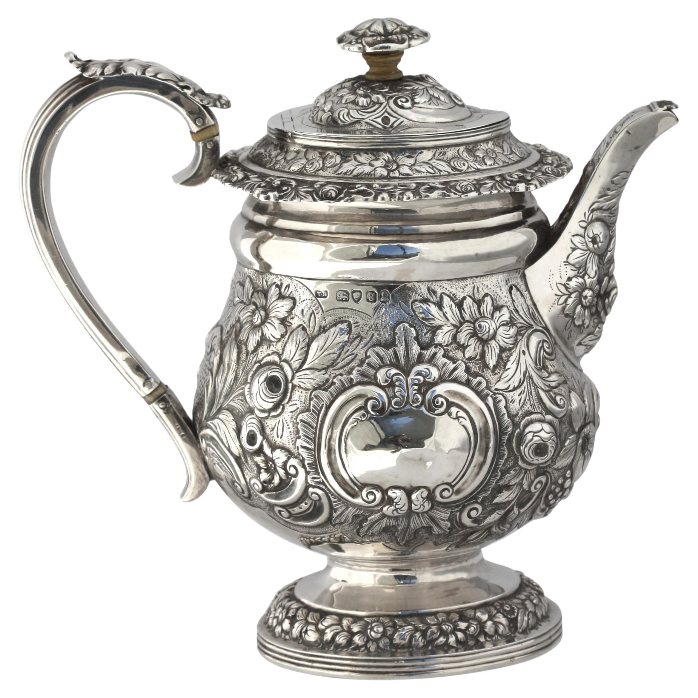 English Rococo Silver Teapot, Marked, 1822-1823, maker TB, for Thomas Baker For Sale