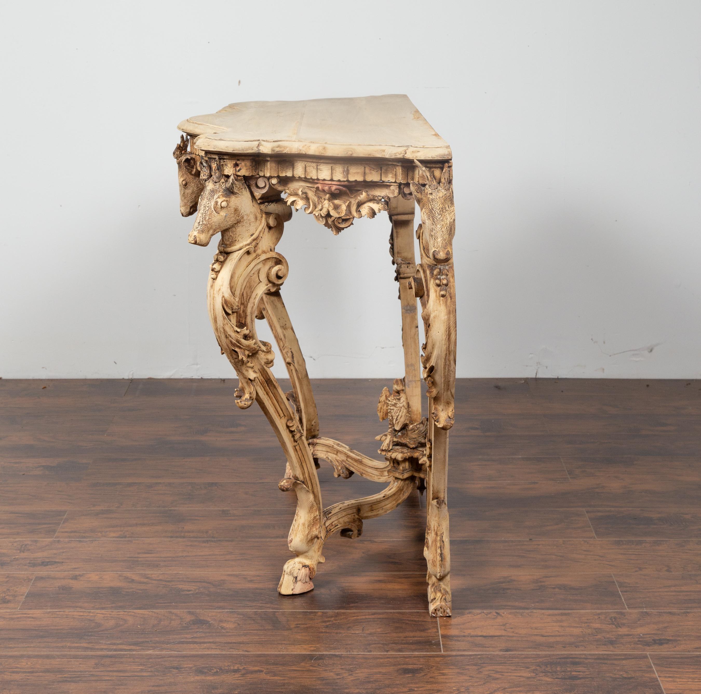 English Rococo Style 1880s Carved and Bleached Oak Console Table with Deer Heads For Sale 5