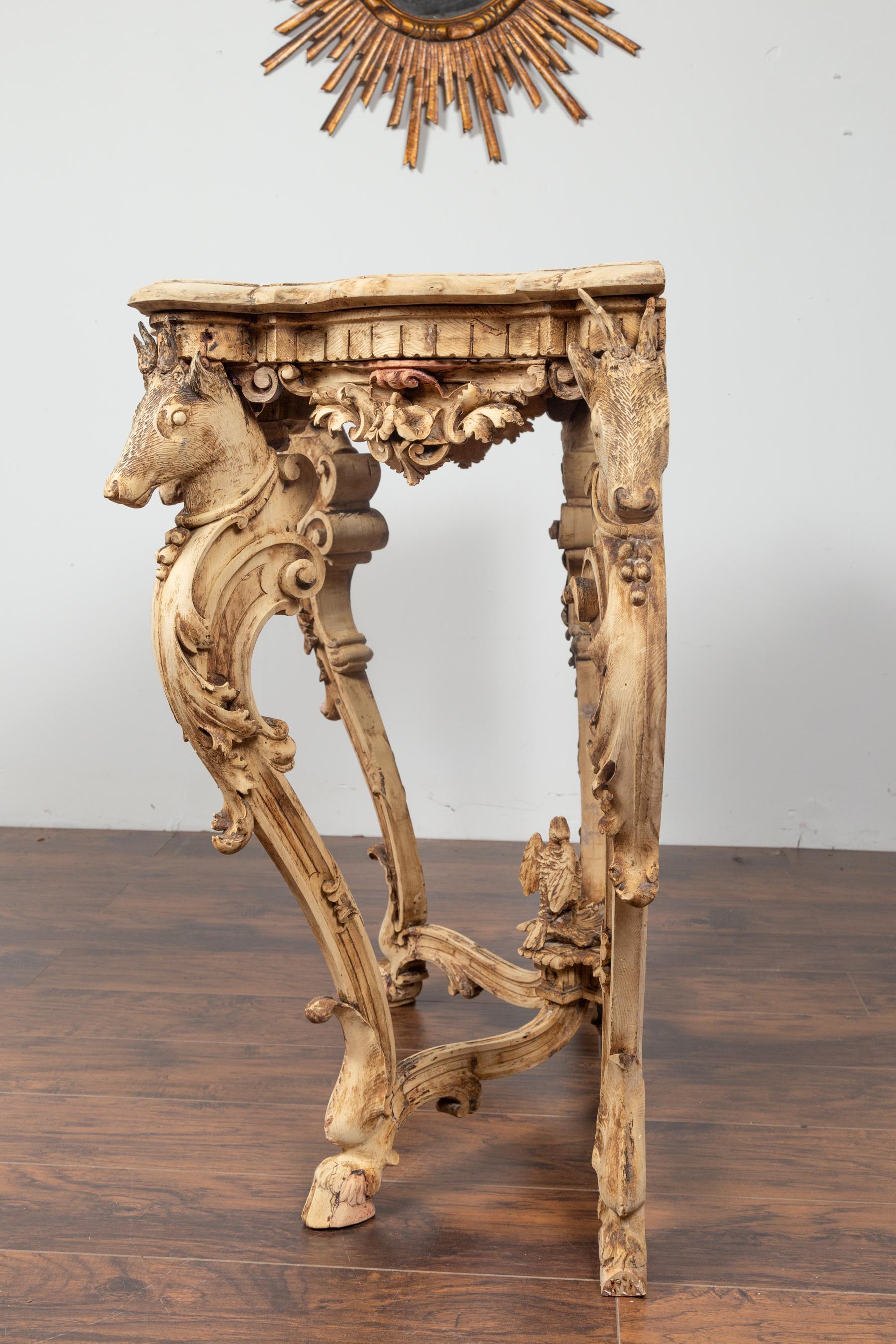 English Rococo Style 1880s Carved and Bleached Oak Console Table with Deer Heads For Sale 7
