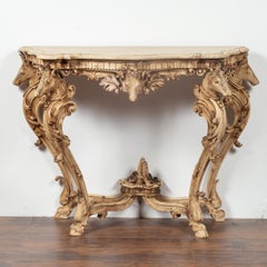 English Rococo Style 1880s Carved and Bleached Oak Console Table with Deer Heads