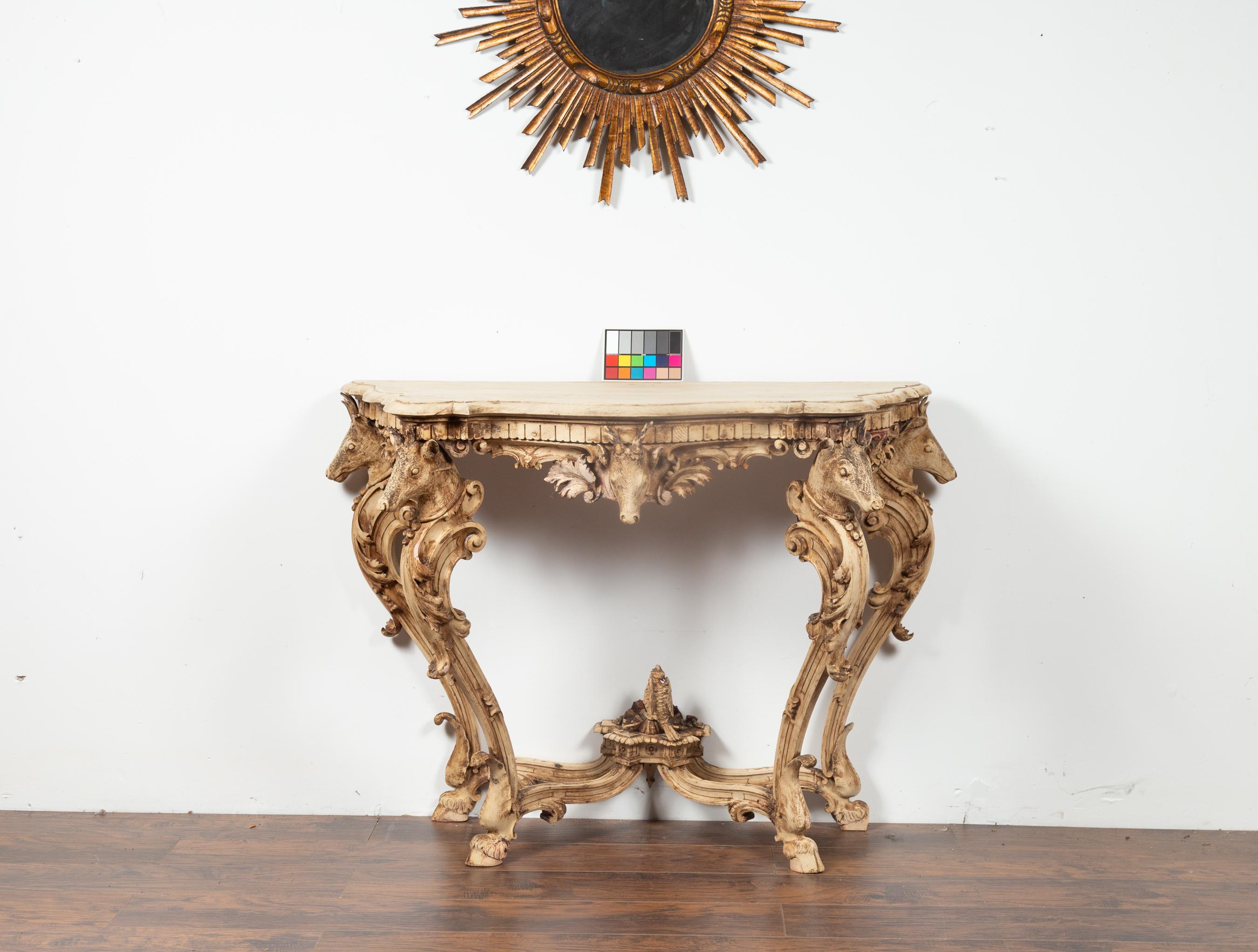 English Rococo Style 1880s Carved and Bleached Oak Console Table with Deer Heads For Sale 14