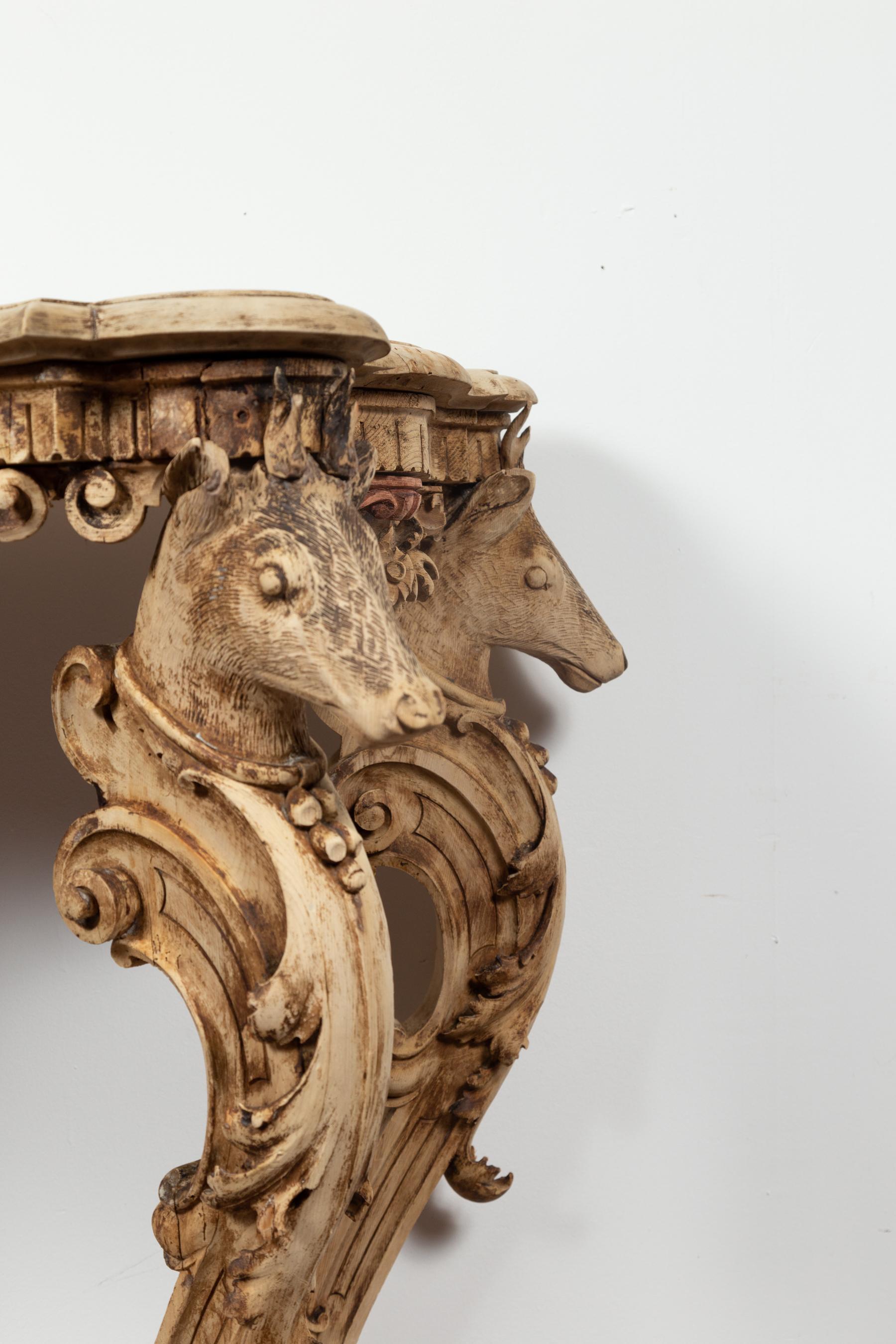 19th Century English Rococo Style 1880s Carved and Bleached Oak Console Table with Deer Heads For Sale