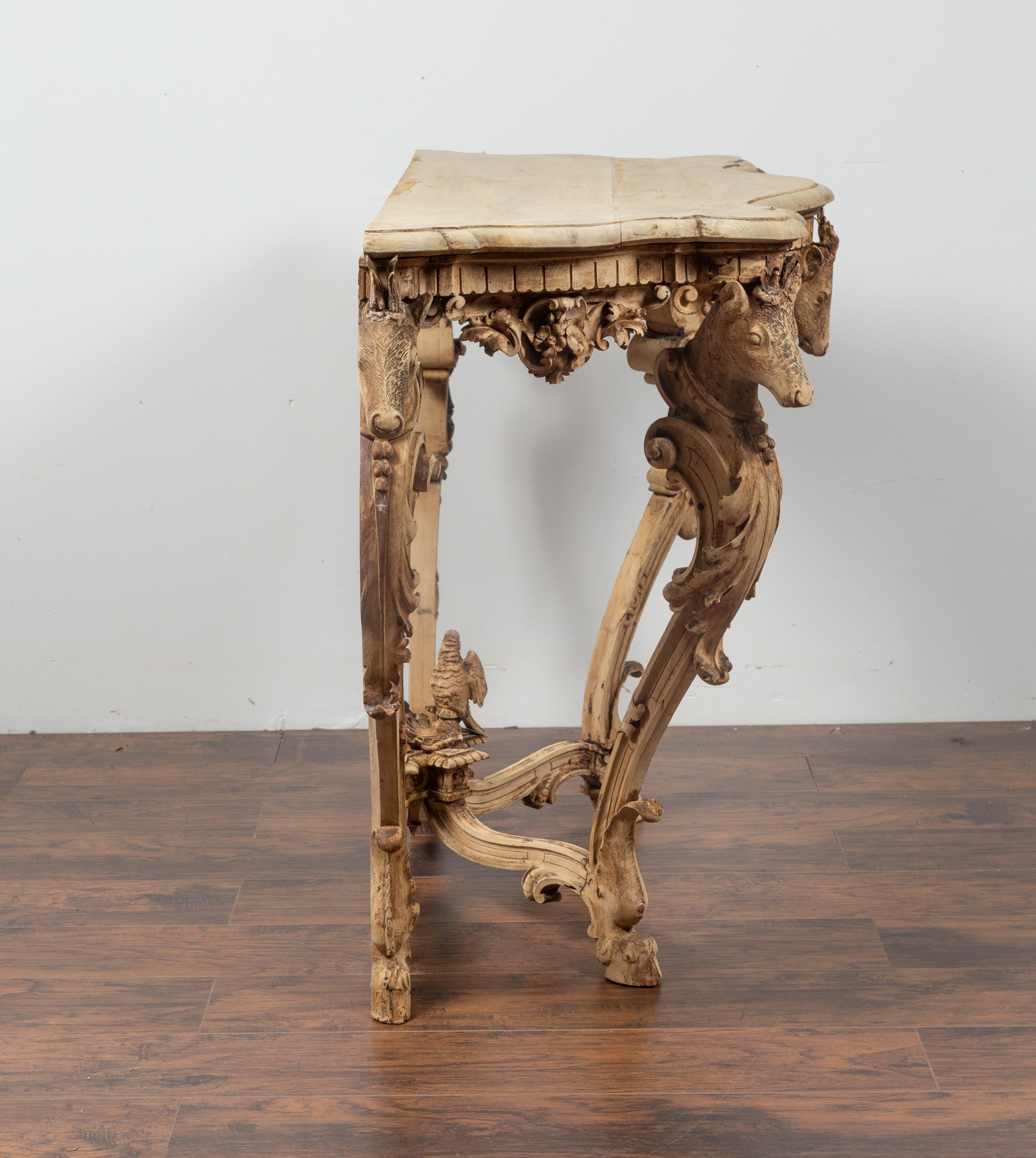 English Rococo Style 1880s Carved and Bleached Oak Console Table with Deer Heads For Sale 3
