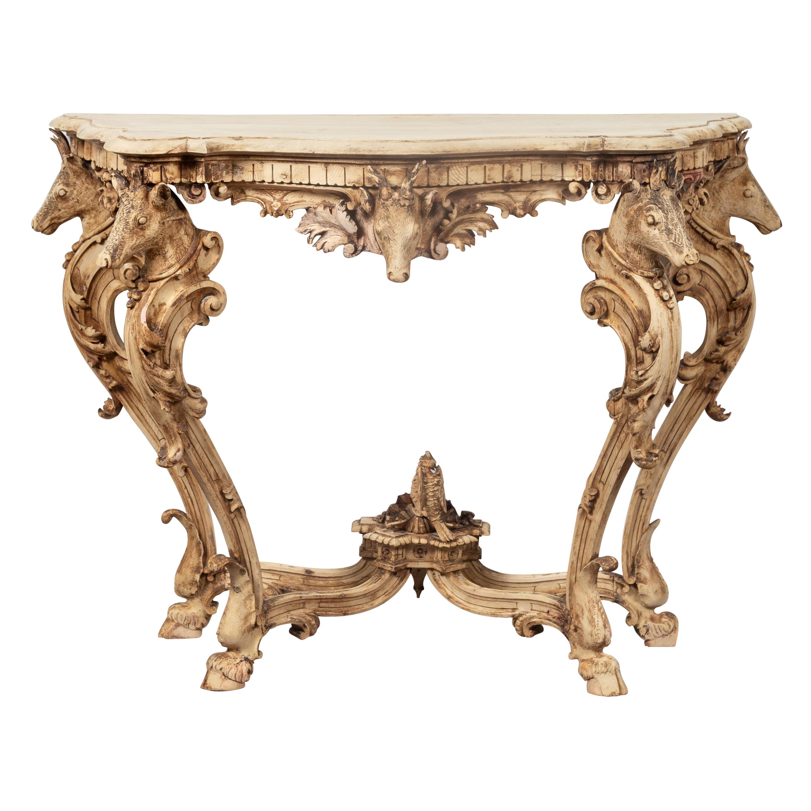 English Rococo Style 1880s Carved and Bleached Oak Console Table with Deer Heads For Sale