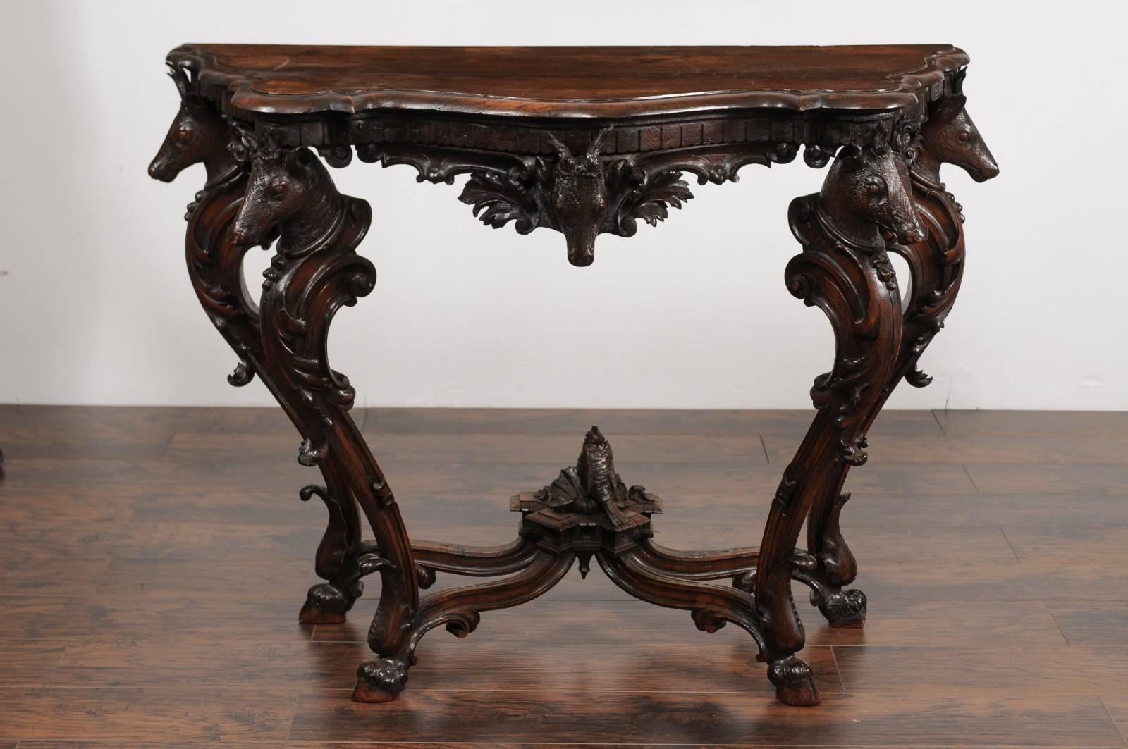 English Rococo Style 1880s Carved Console Table with Deer Heads and Hoofed Feet 5