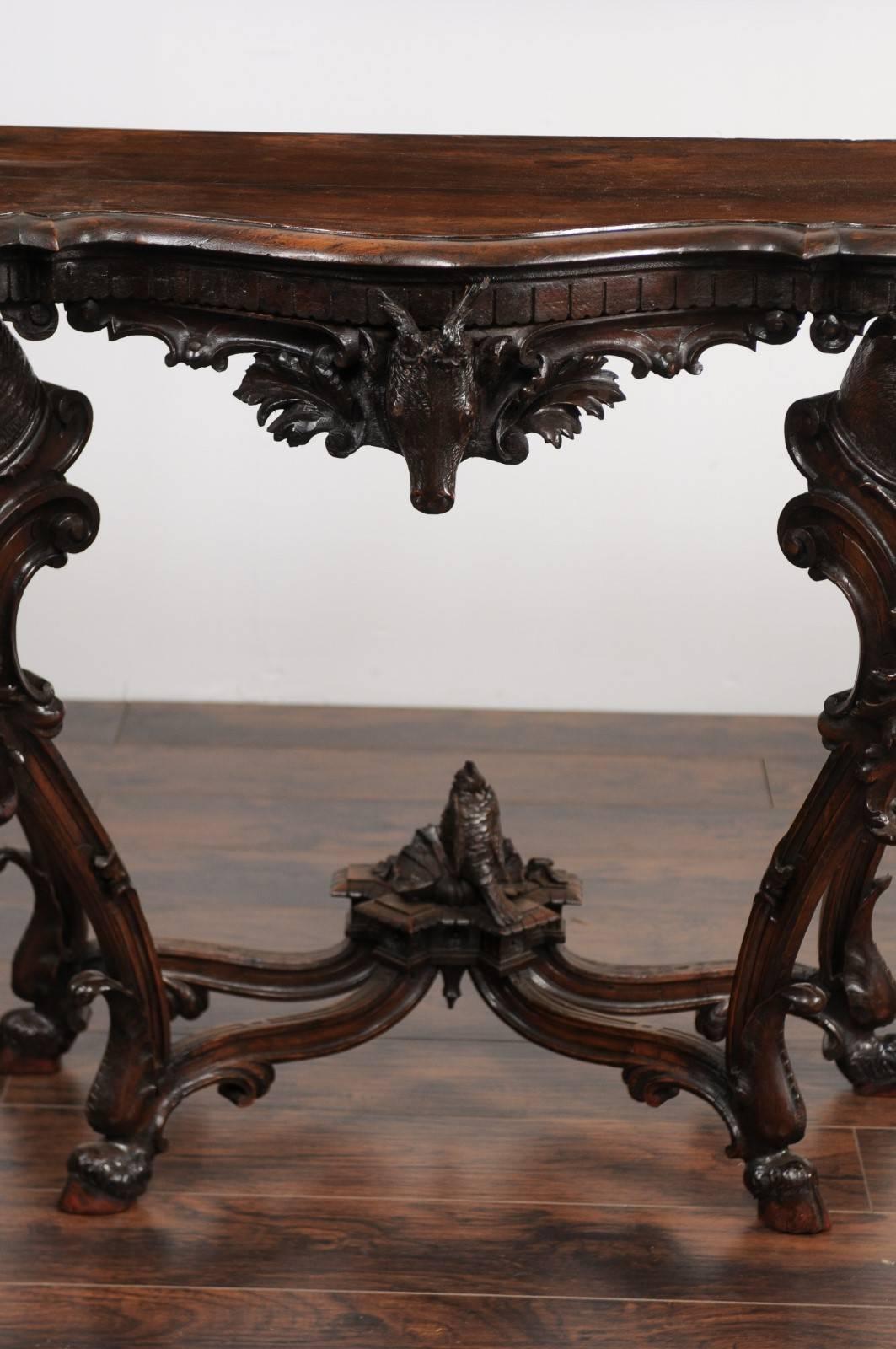 English Rococo Style 1880s Carved Console Table with Deer Heads and Hoofed Feet 7