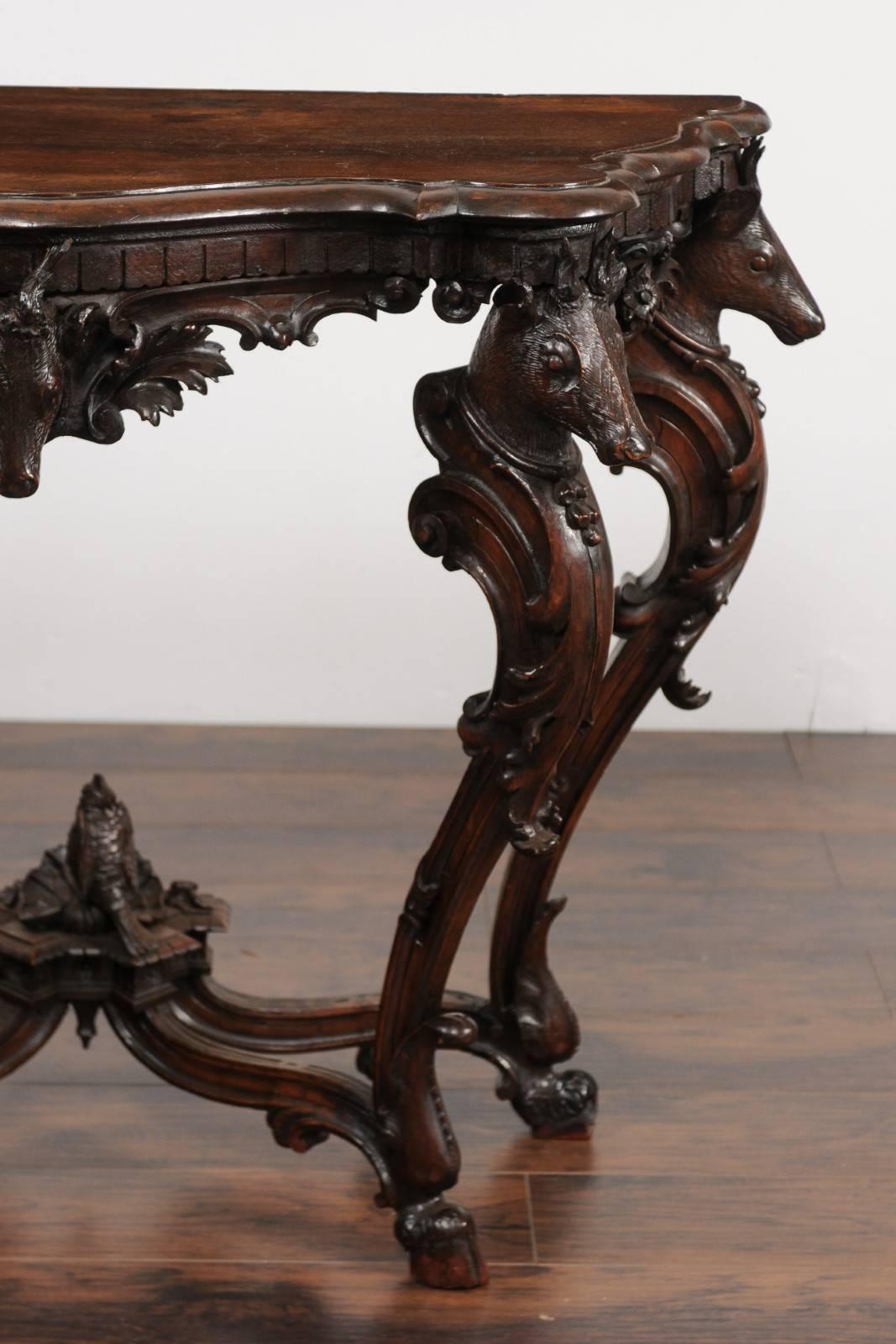 English Rococo Style 1880s Carved Console Table with Deer Heads and Hoofed Feet 8