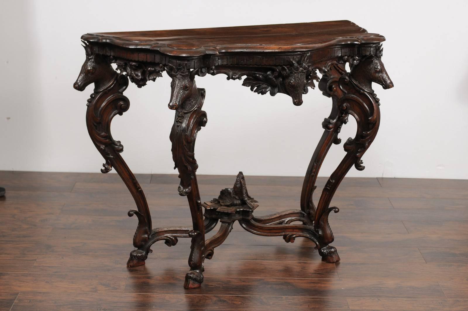 English Rococo Style 1880s Carved Console Table with Deer Heads and Hoofed Feet 9