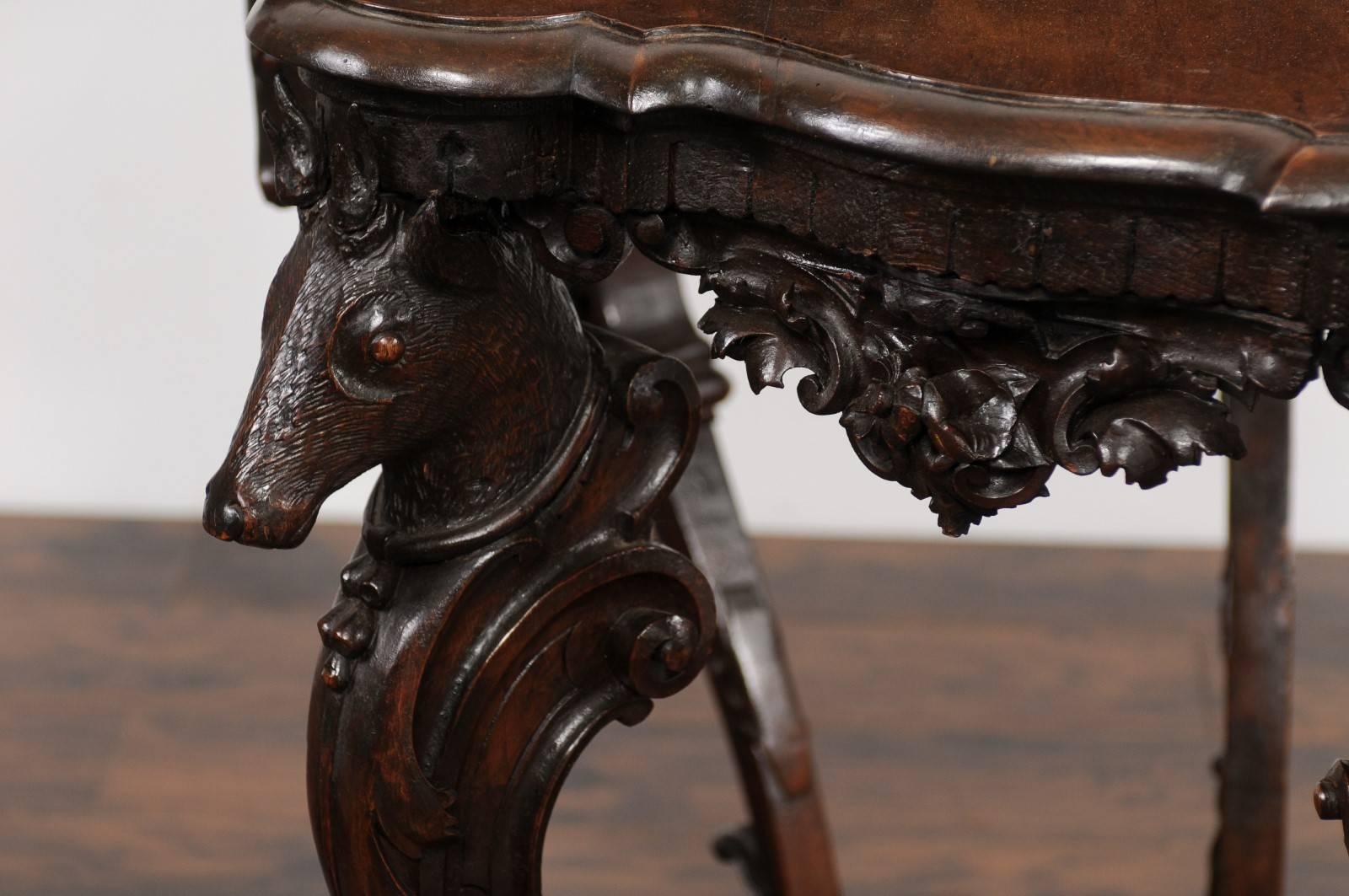 19th Century English Rococo Style 1880s Carved Console Table with Deer Heads and Hoofed Feet