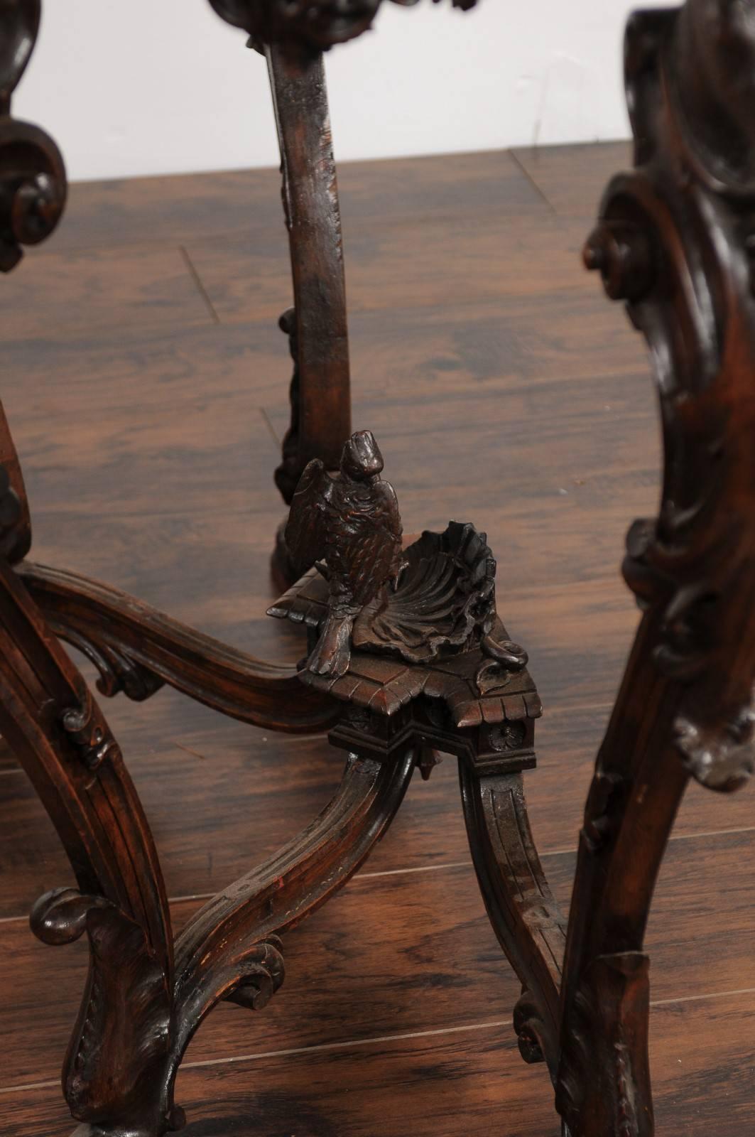 Oak English Rococo Style 1880s Carved Console Table with Deer Heads and Hoofed Feet