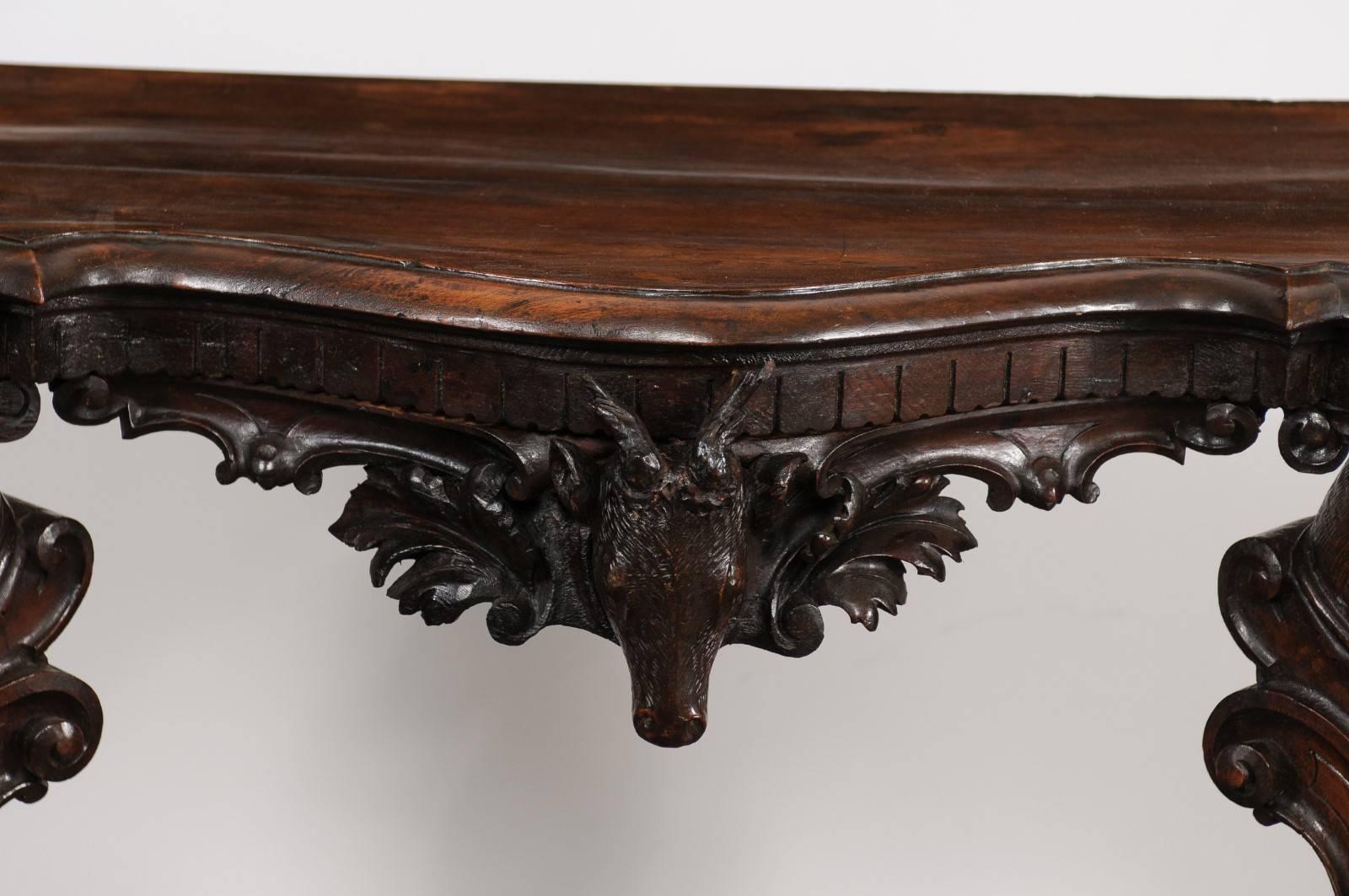 English Rococo Style 1880s Carved Console Table with Deer Heads and Hoofed Feet 1