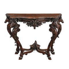 English Rococo Style 1880s Carved Console Table with Deer Heads and Hoofed Feet