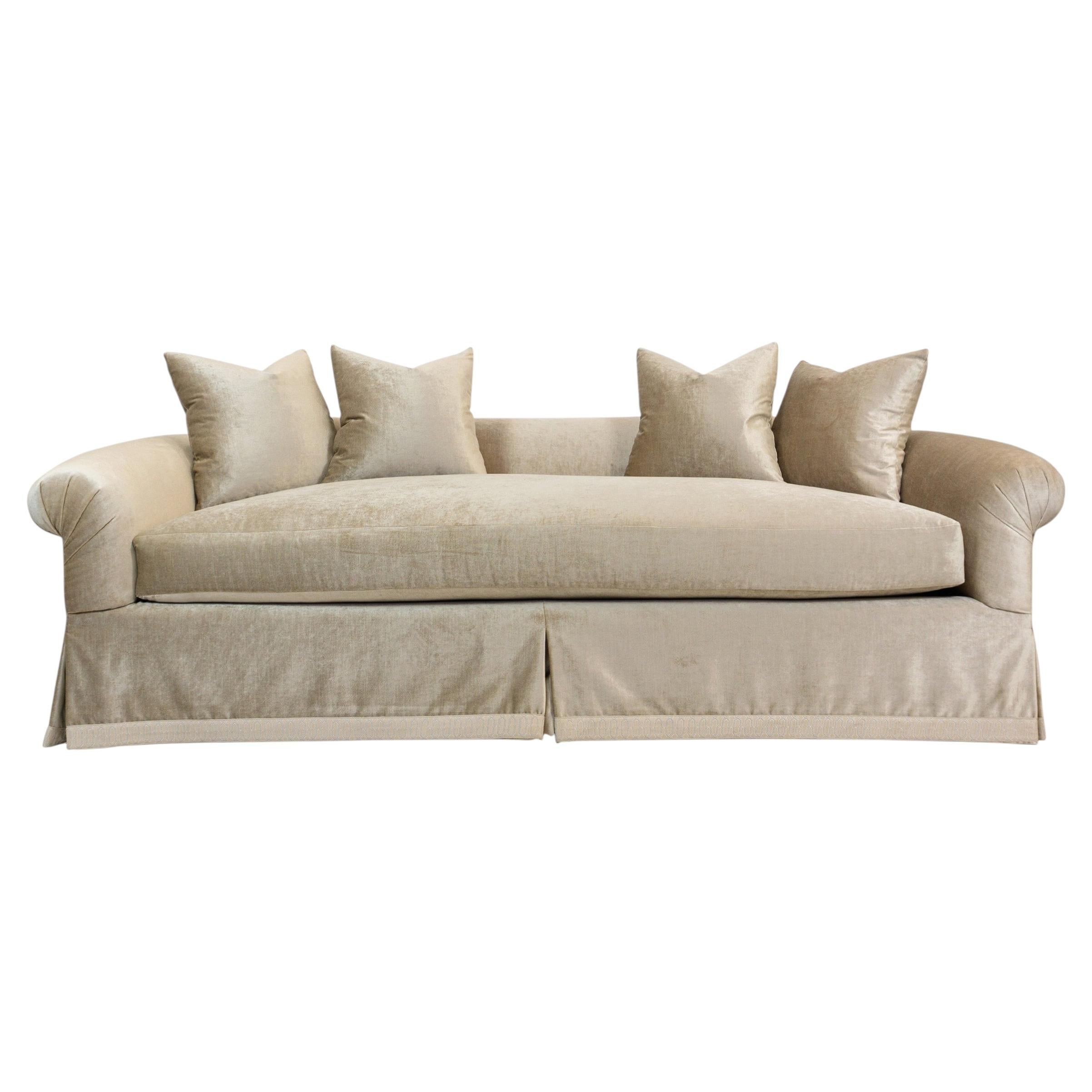 English Roll Arm Sofa with Curved Back and Kick-Pleat Skirt, Customizable