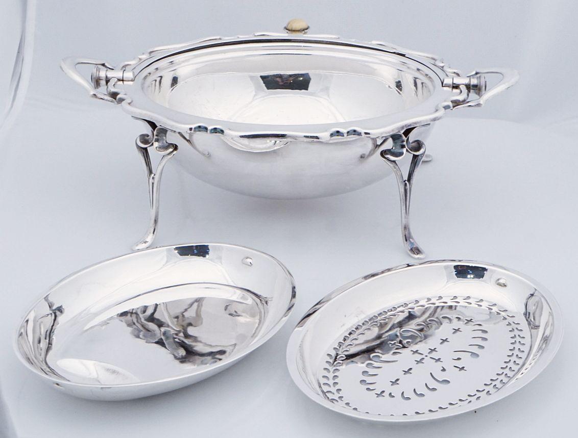 Metal English Roll-Over Dome Top Silver Tureen or Footed Serving Dish