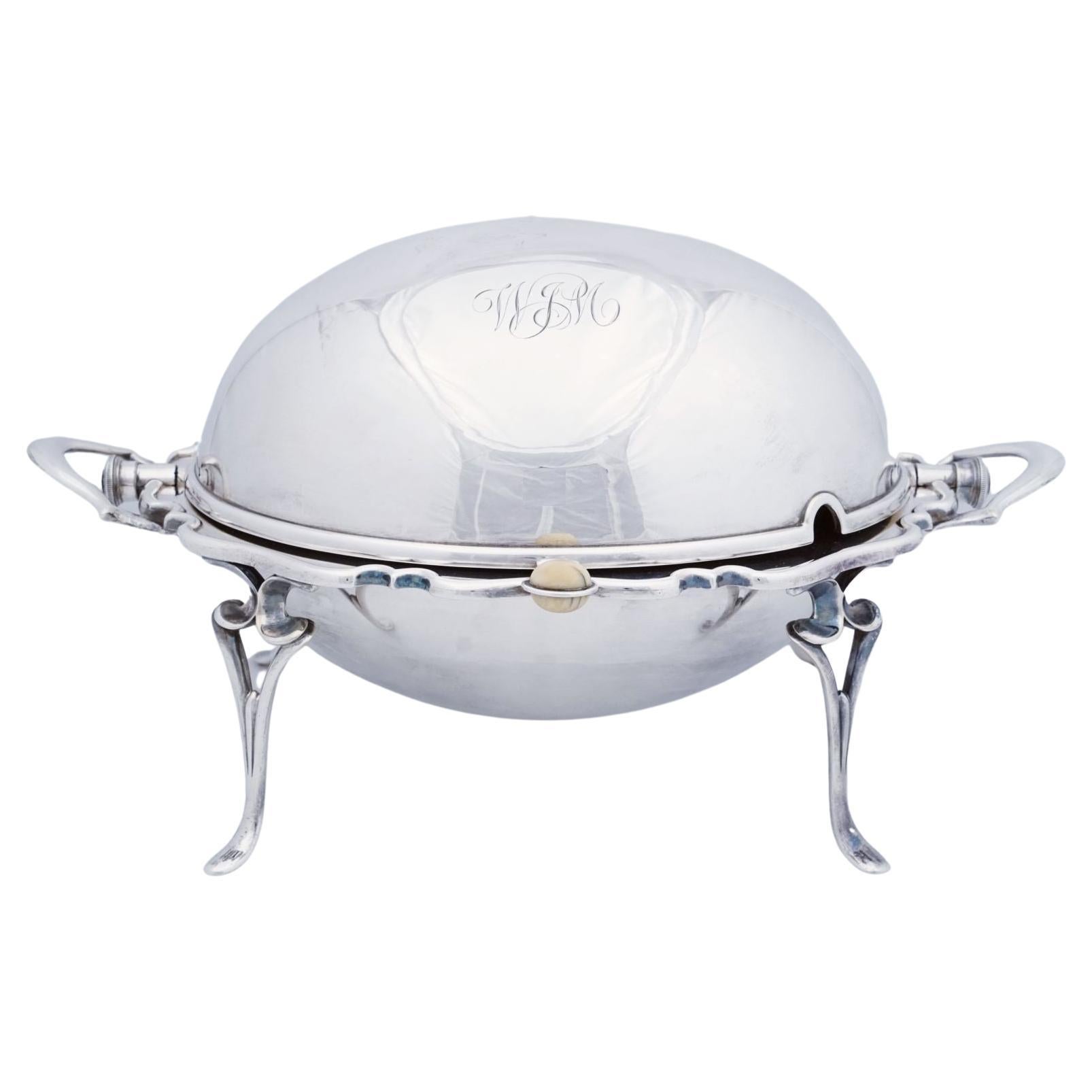 English Roll-Over Dome Top Silver Tureen or Footed Serving Dish For Sale