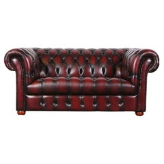 Vintage English Rolled Arm Button Tufted Leather Love Seat Sofa