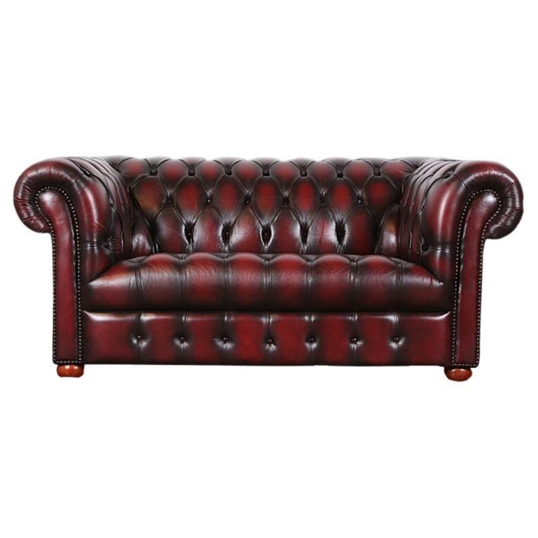 English Rolled Arm Button Tufted Leather Love Seat Sofa For Sale at 1stDibs