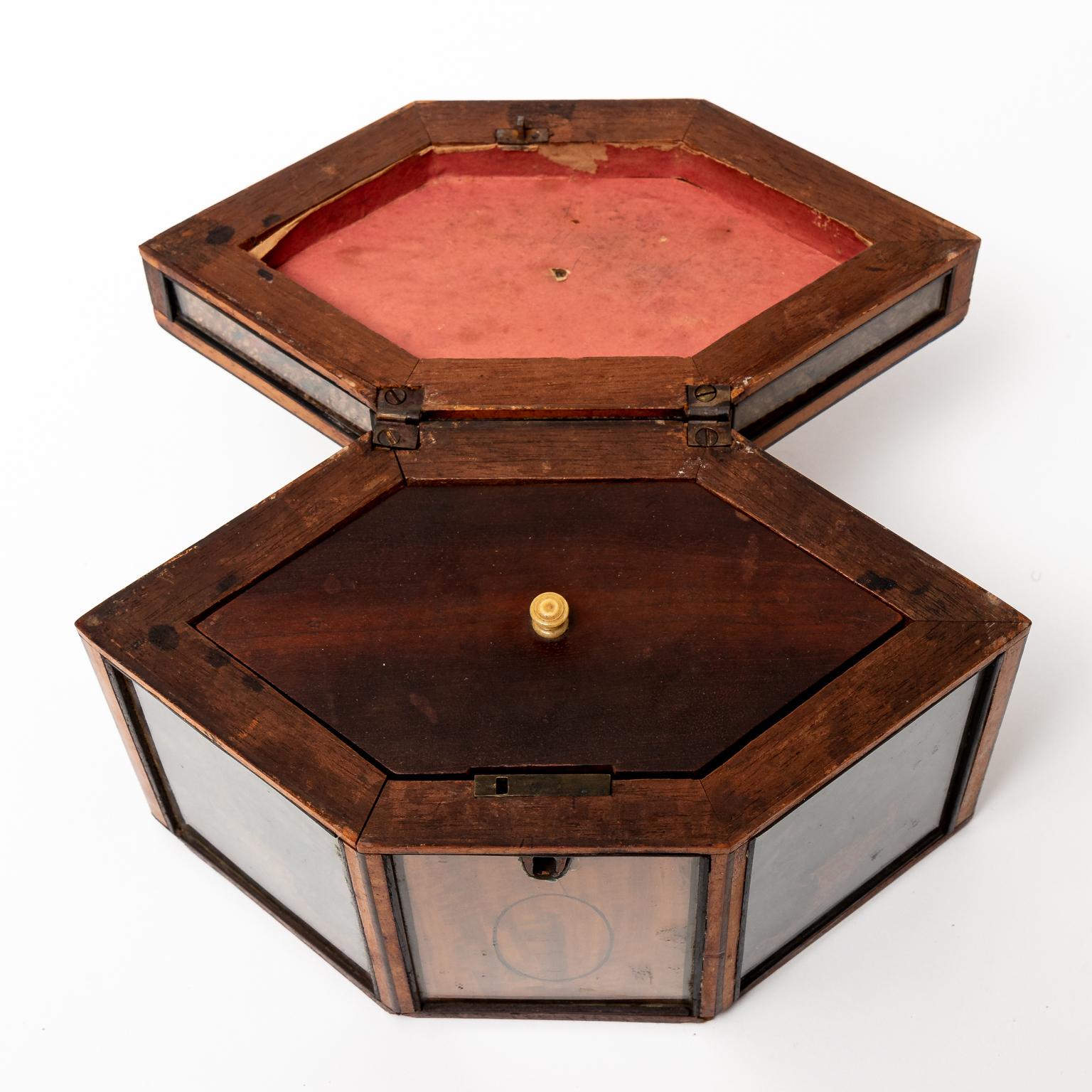 Circa 1780s English Hepplewhite style polygon shaped tea caddy constructed of rolled paper or 