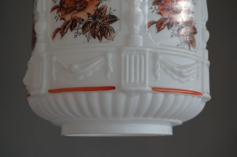 English Roman Classical St. Flowers Decorated Opaline / Milk Glass Pendant Light For Sale 5
