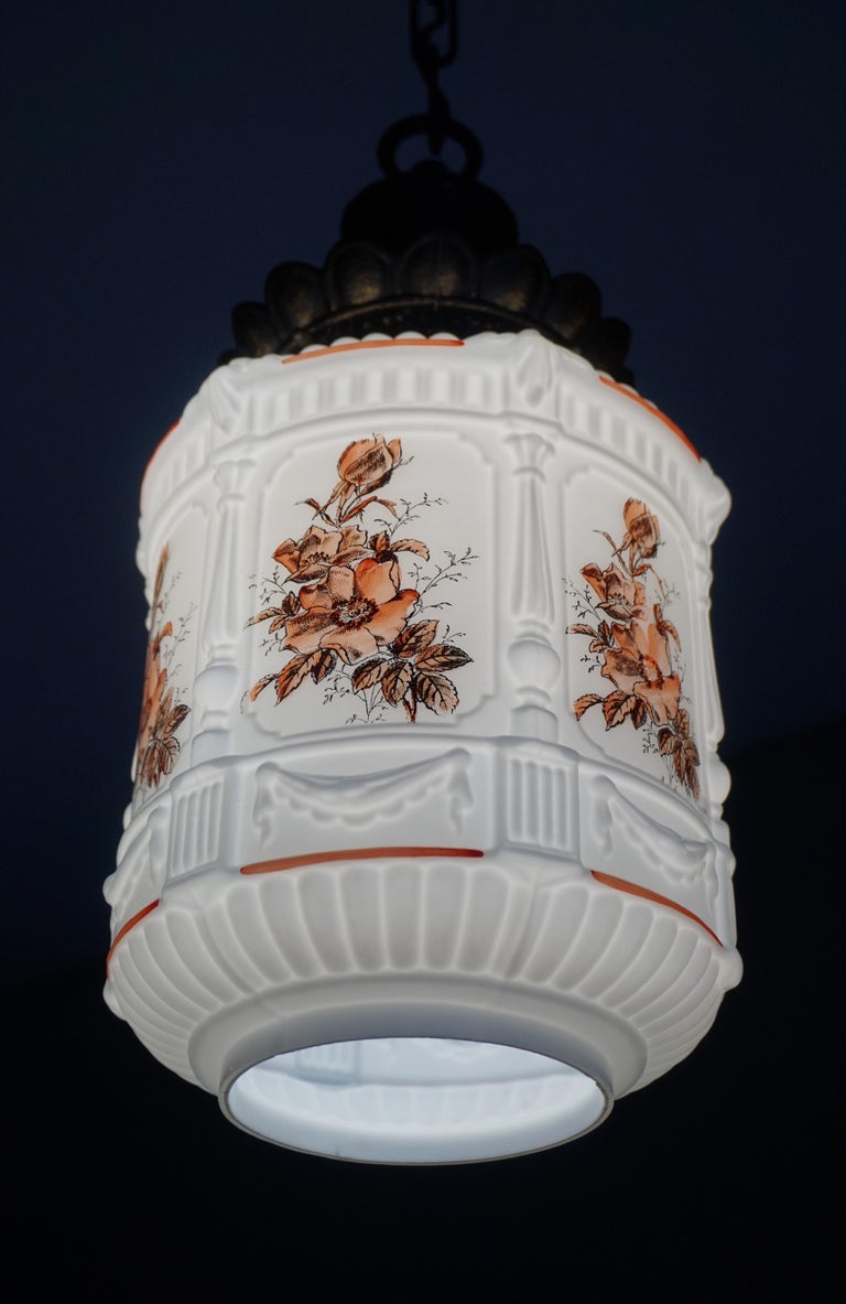 English Roman Classical St. Flowers Decorated Opaline / Milk Glass Pendant Light For Sale 10