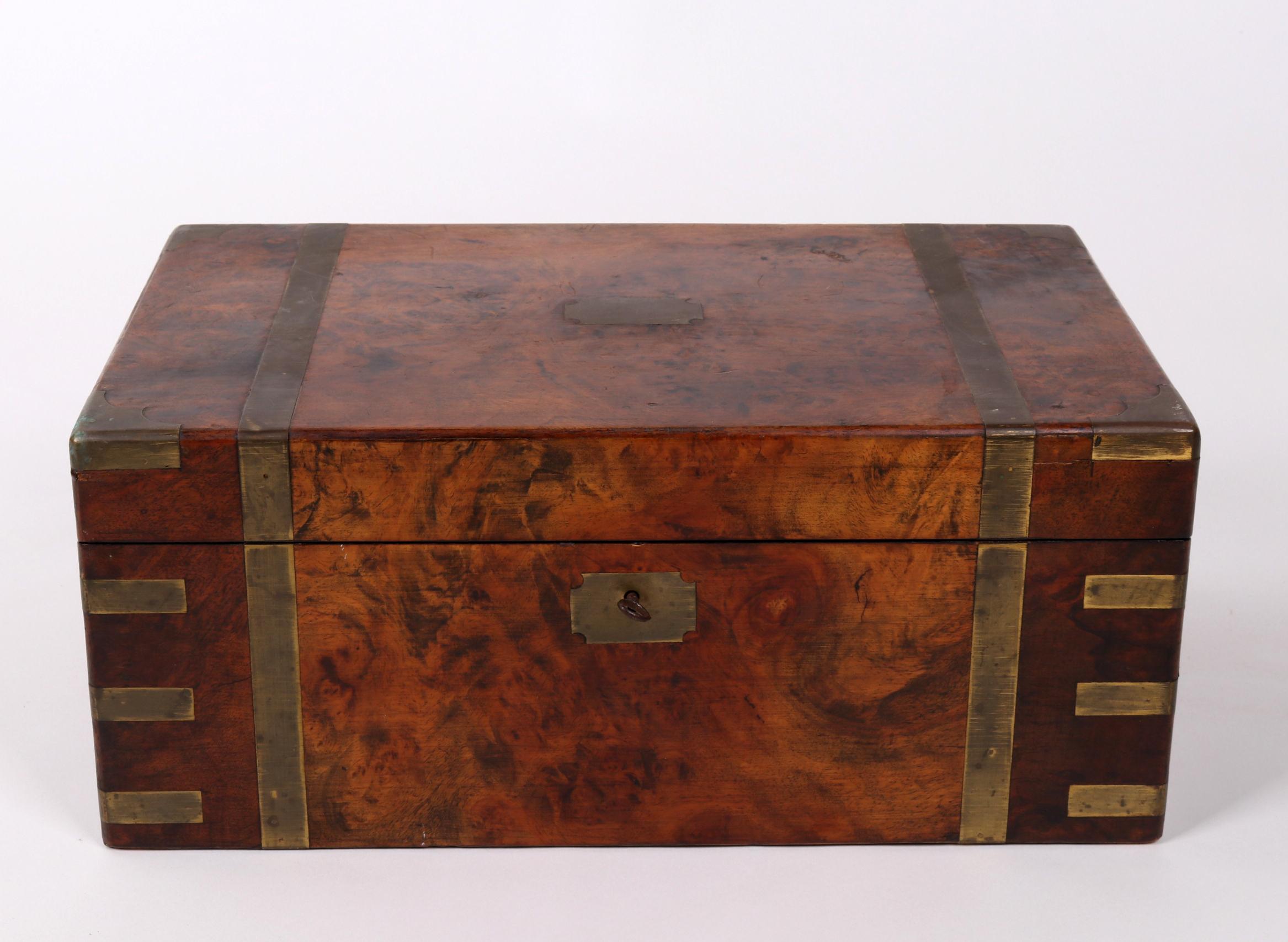 19th century English rootwood office box with brass fittings and leather interior.