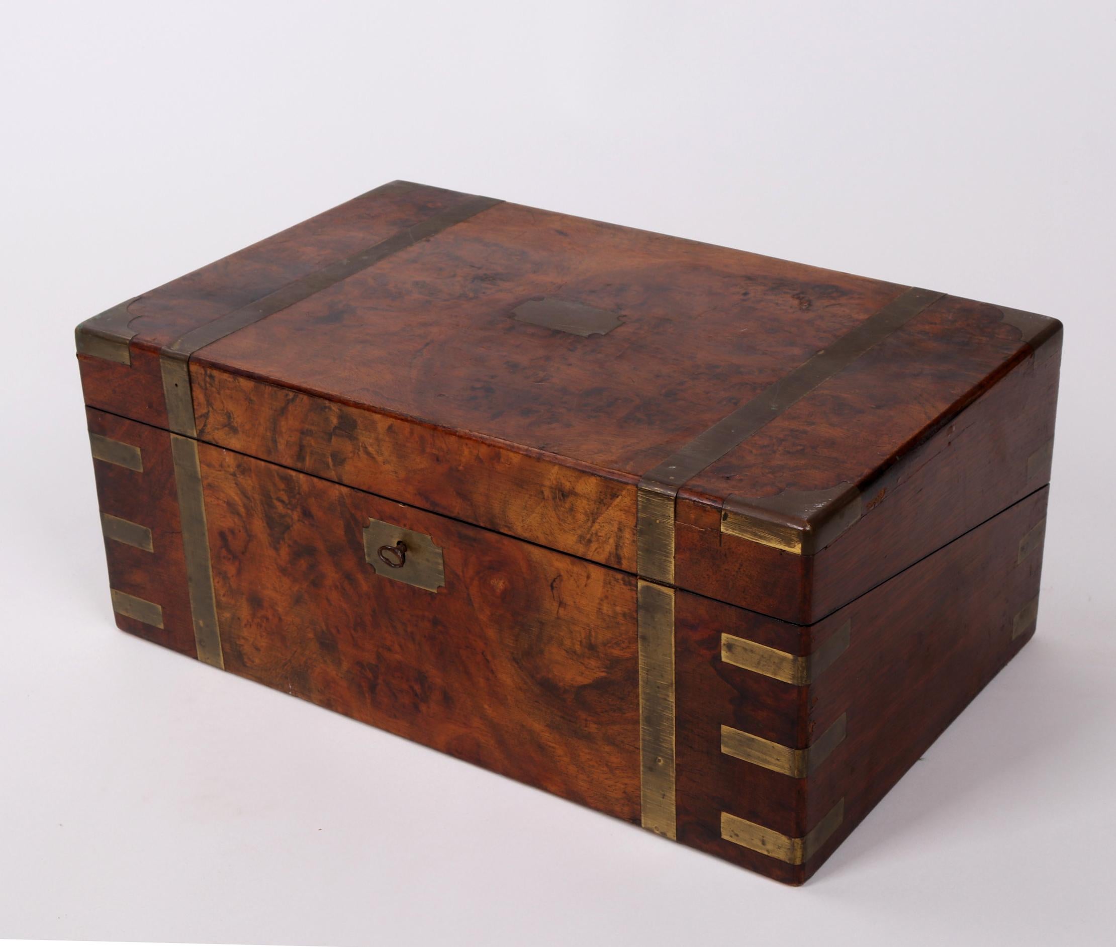 19th Century English Rootwood Office Box with Brass Fittings and Leather Interior For Sale