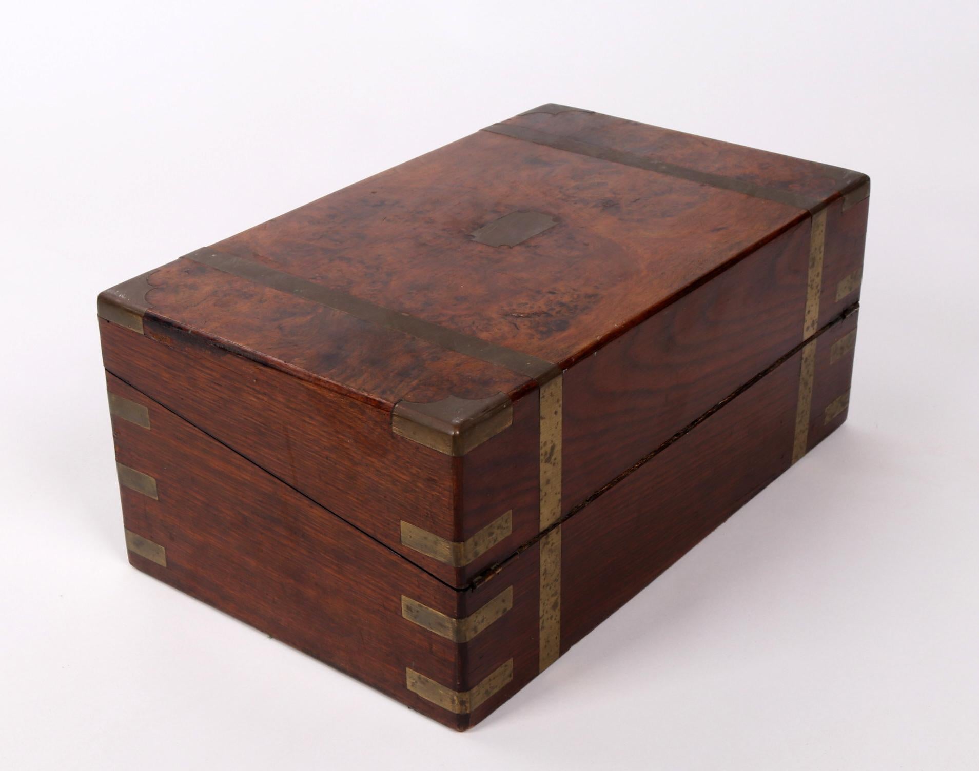 Bronze English Rootwood Office Box with Brass Fittings and Leather Interior For Sale
