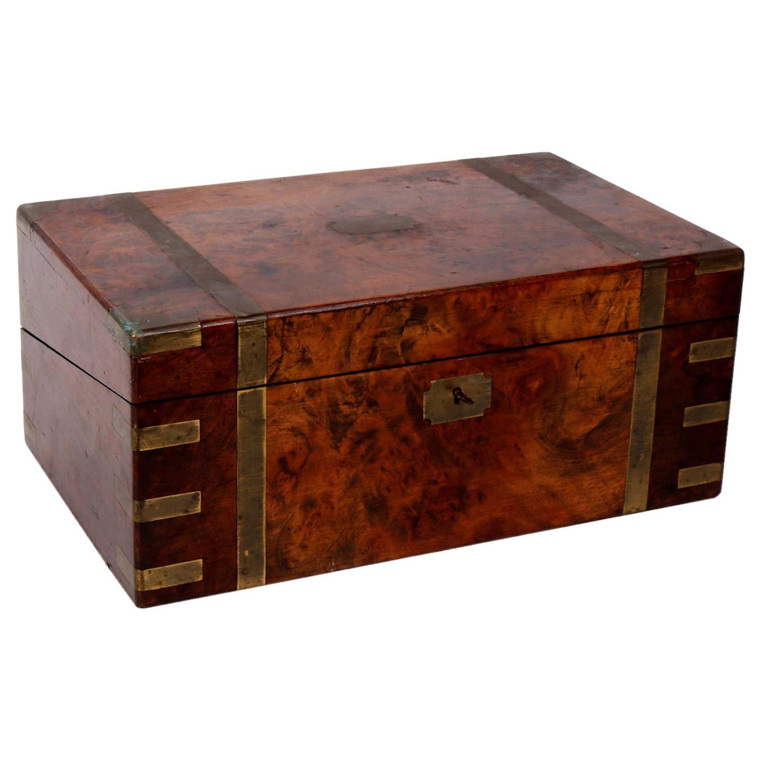 English Rootwood Office Box with Brass Fittings and Leather Interior For Sale