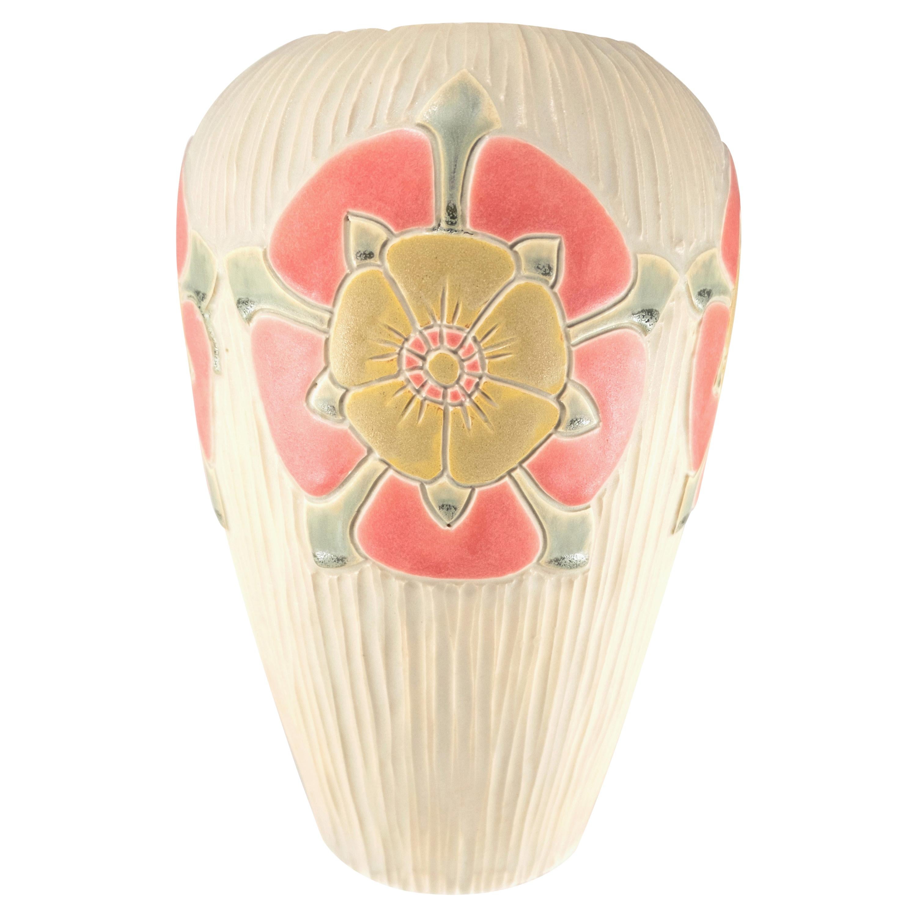 English Rose Arts & Crafts Design Porcelain Pottery Vase