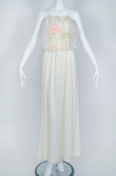 English Rose Floral Chiffon Flutter Capelet Disco Maxi Bridal Dress – S, 1971