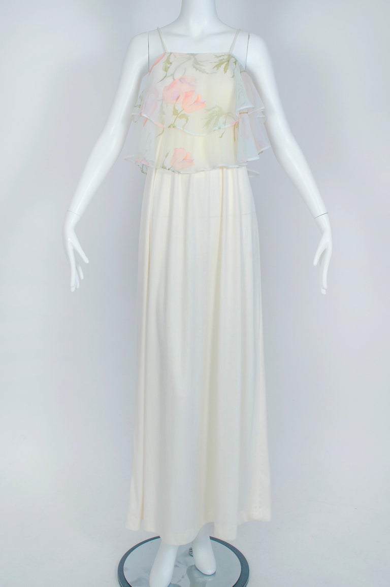 English Rose Floral Chiffon Flutter Capelet Disco Maxi Bridal Dress  S,  1971 For Sale at 1stDibs