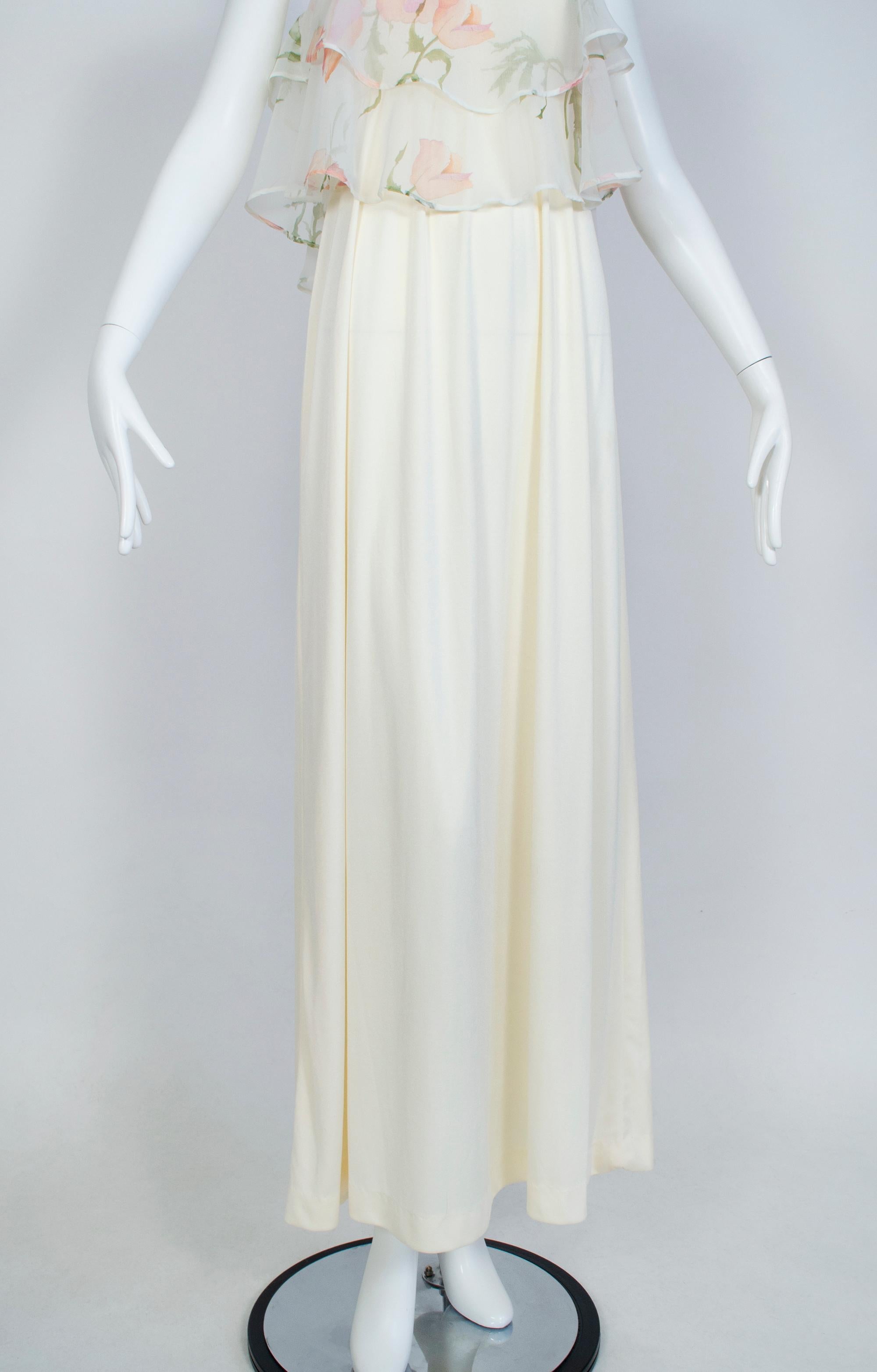 De las mujeres Rosa Inglesa Floral Gasa Flutter Capelet Disco Maxi Vestido de Novia - S, 1971 en venta