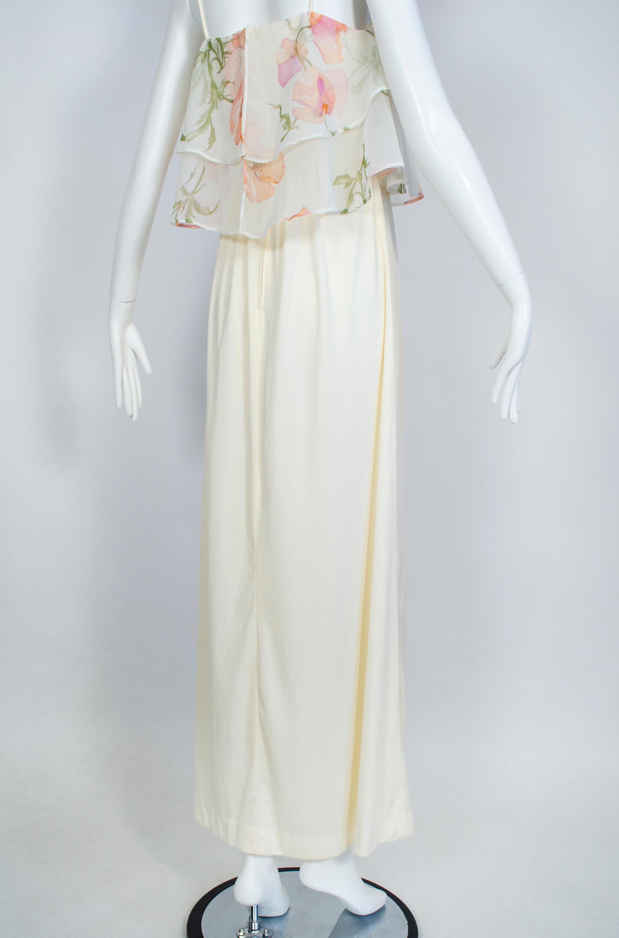 Rosa Inglesa Floral Gasa Flutter Capelet Disco Maxi Vestido de Novia - S, 1971 en venta 1