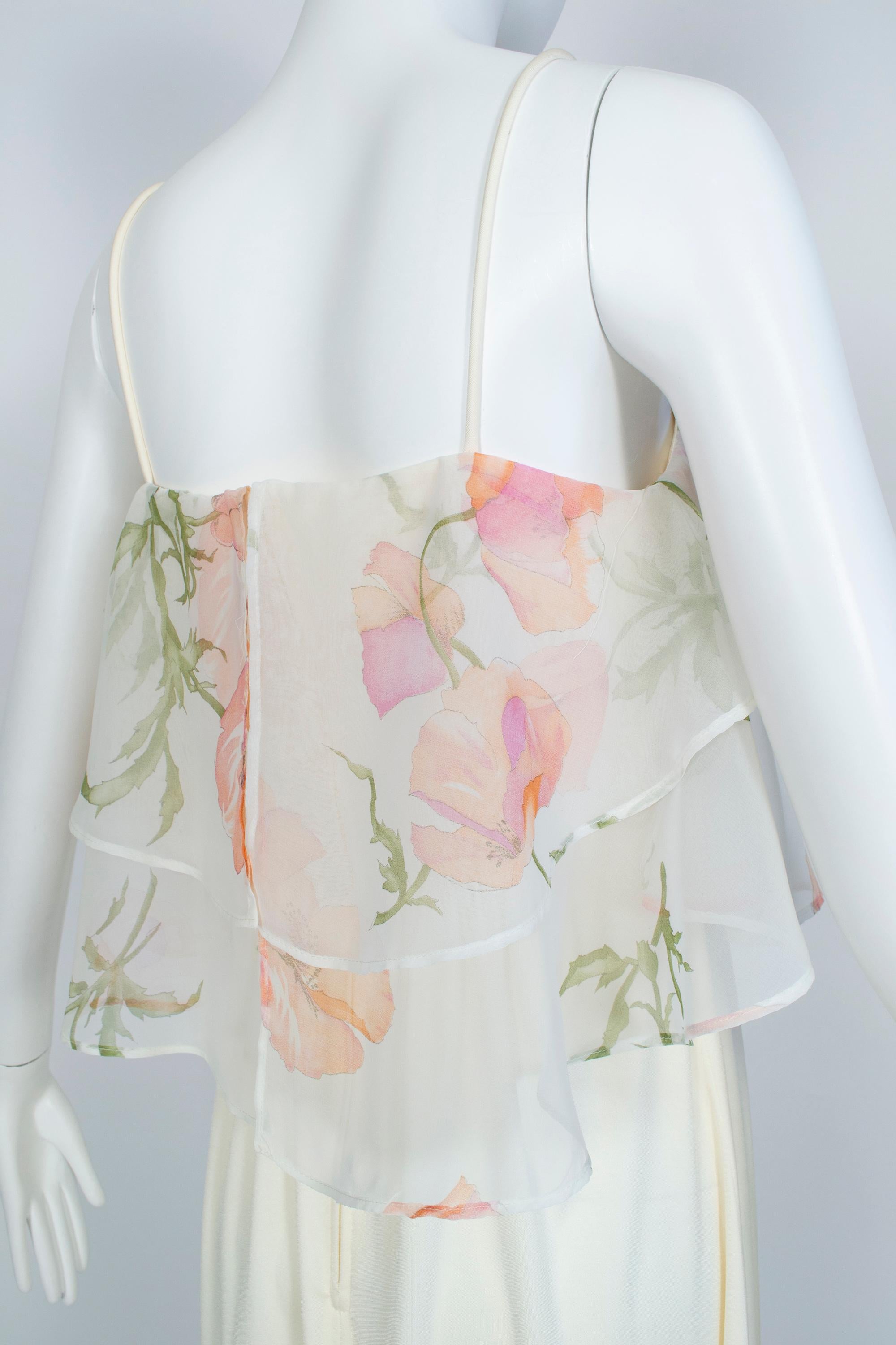 Rosa Inglesa Floral Gasa Flutter Capelet Disco Maxi Vestido de Novia - S, 1971 en venta 3