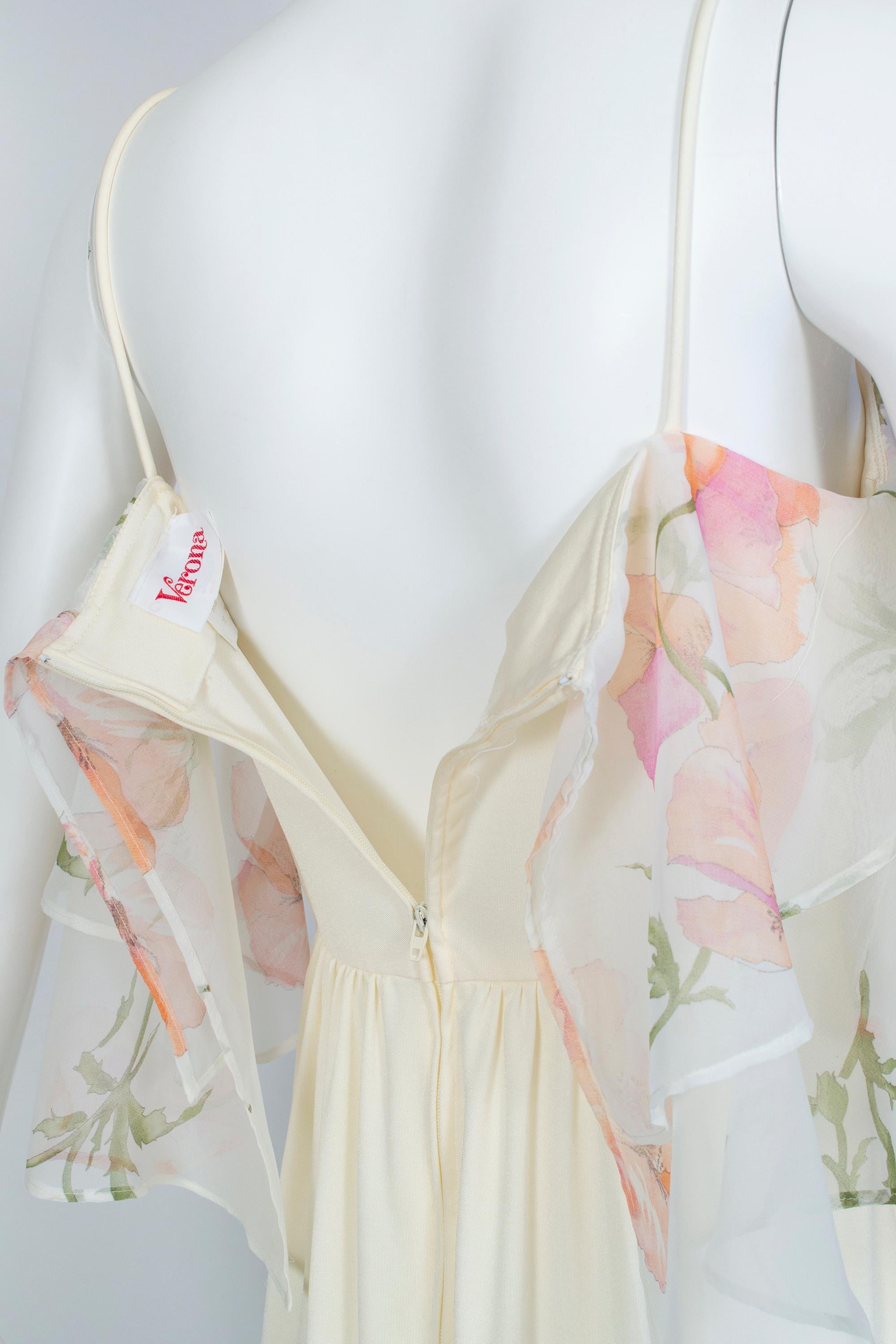 Rosa Inglesa Floral Gasa Flutter Capelet Disco Maxi Vestido de Novia - S, 1971 en venta 4