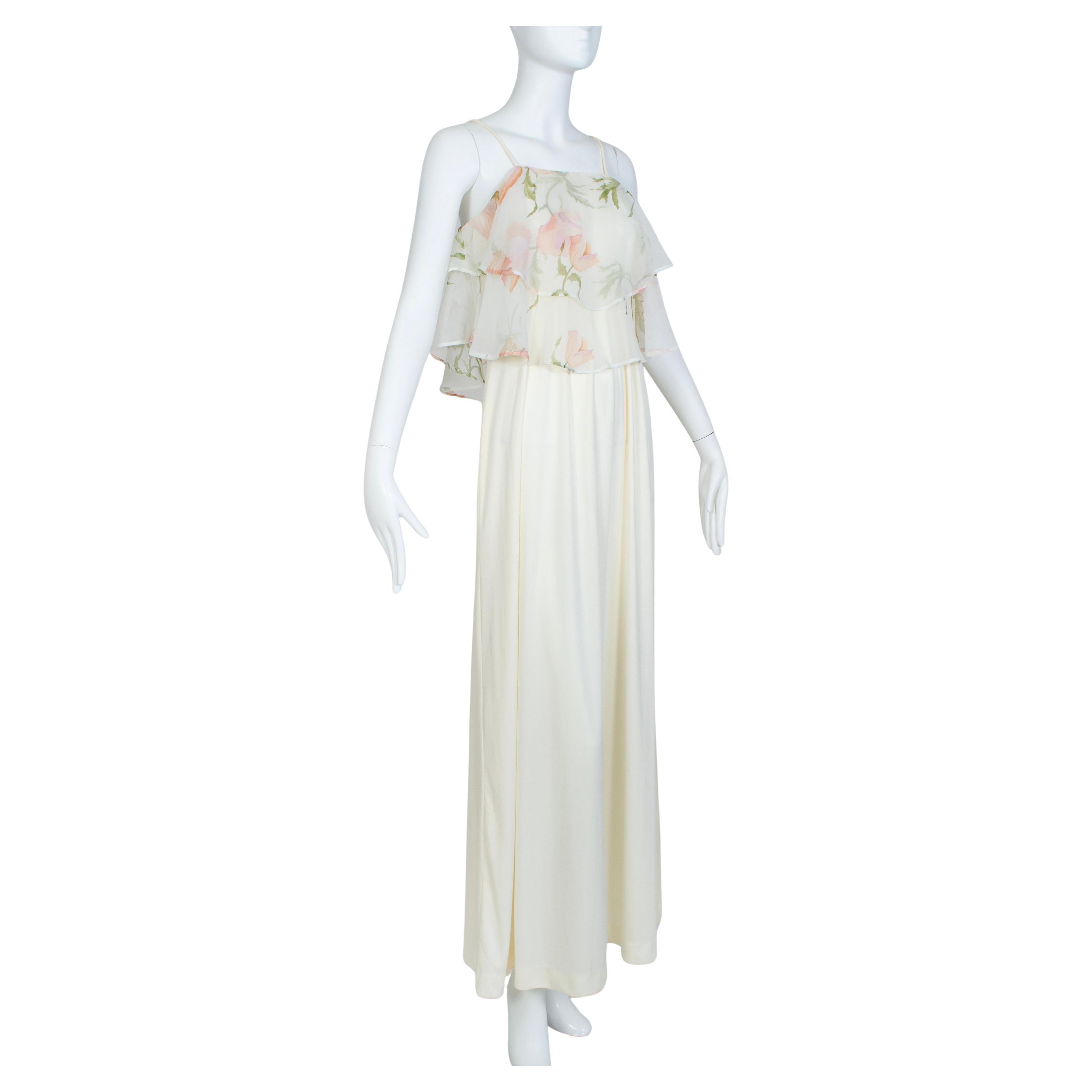 Rosa Inglesa Floral Gasa Flutter Capelet Disco Maxi Vestido de Novia - S, 1971 en venta
