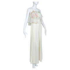 Rosa Inglesa Floral Gasa Flutter Capelet Disco Maxi Vestido de Novia - S, 1971