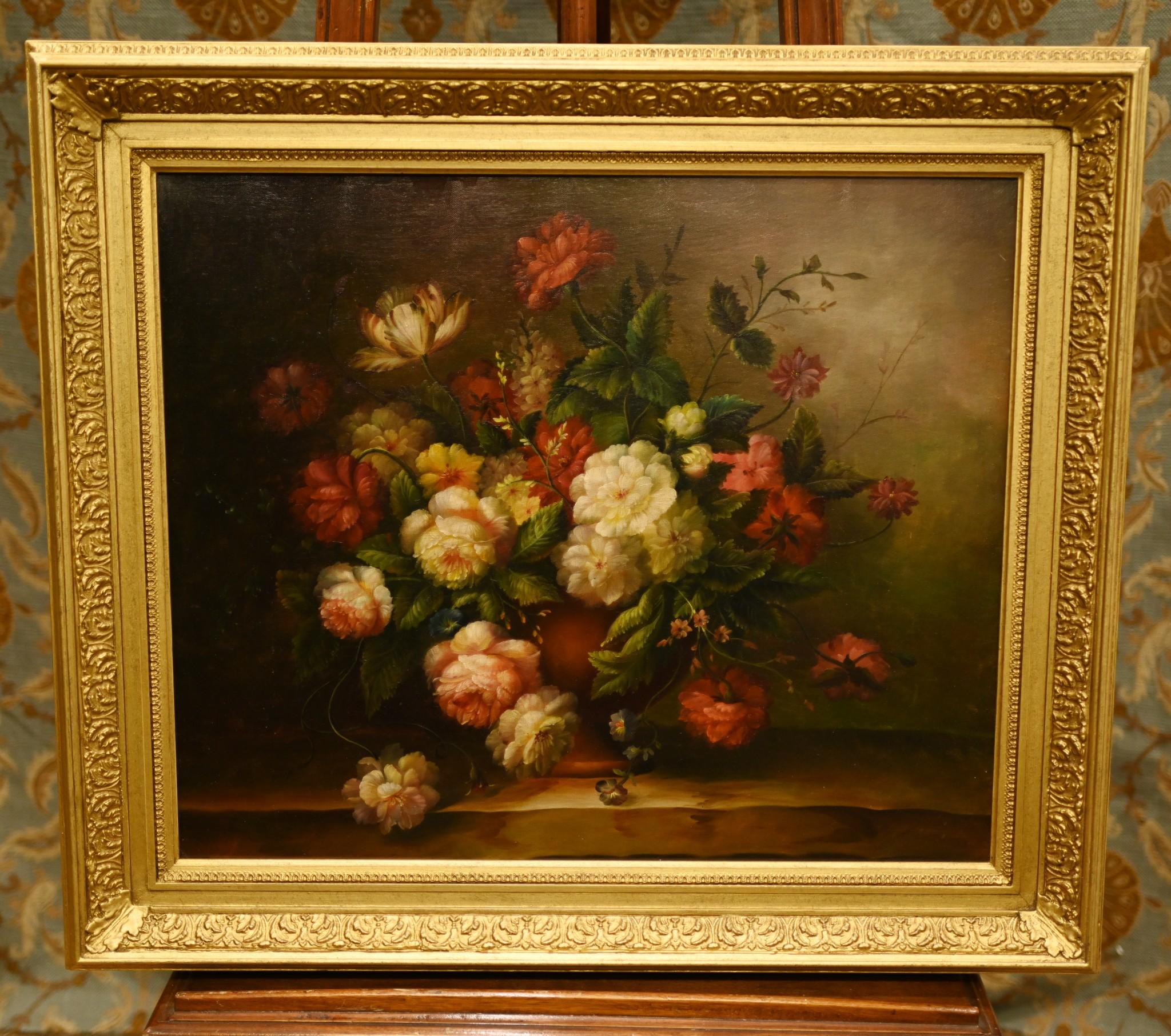 Gorgeous vivid English still life oil painting of a roses and other flowers in an arrangement
Such a bright piece, this will add light and verve to any room
Definitely the work of a very skilled artist, look at the detail to the brushwork and the