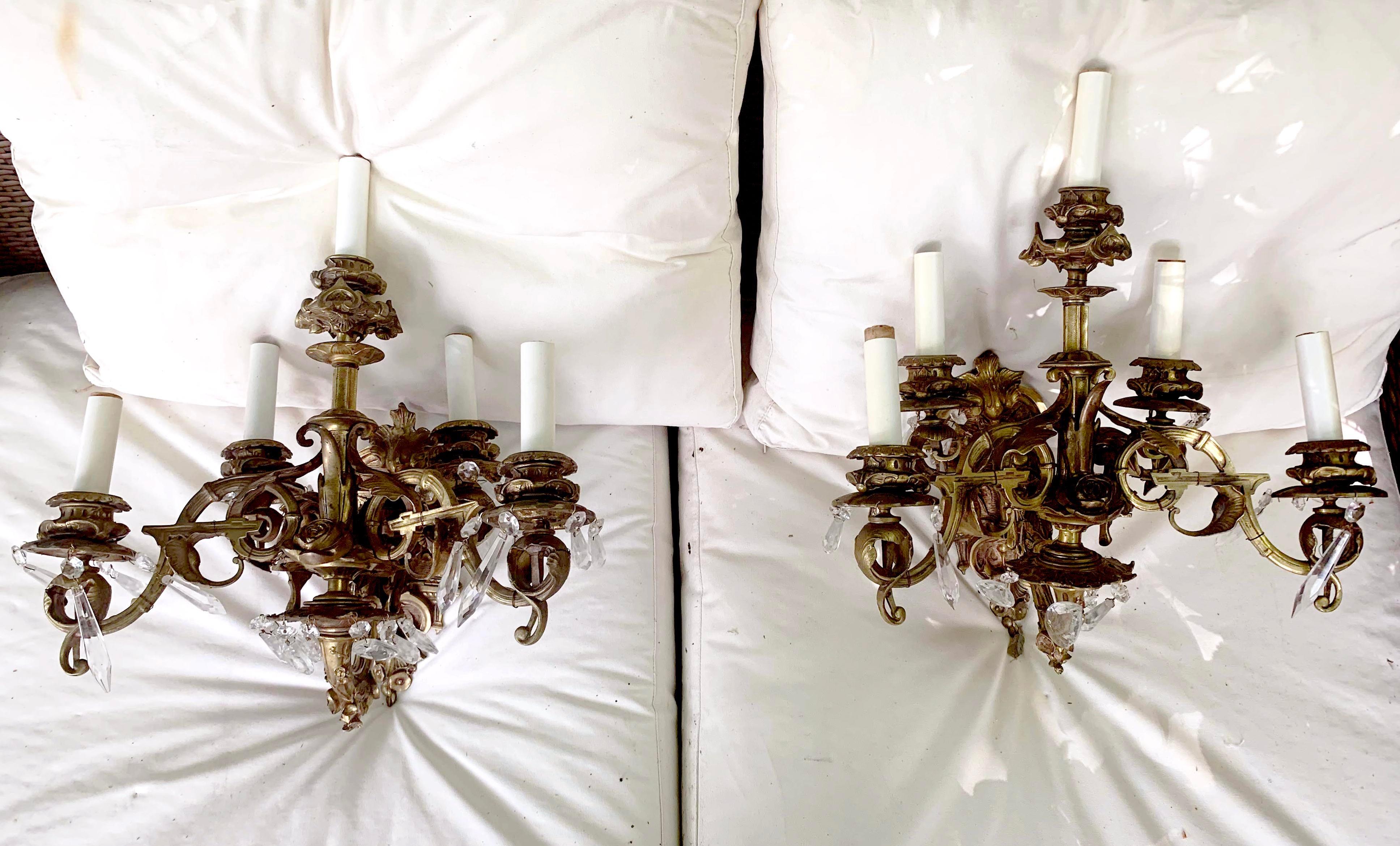 Pair of English Rosebud Gilt, Bronze and Crystal Sconces, Circa 1800. Consists of heavy cast bronze and crystal. They have been rewired and are compatible with North American electrical requirements.

Dimensions
18 
