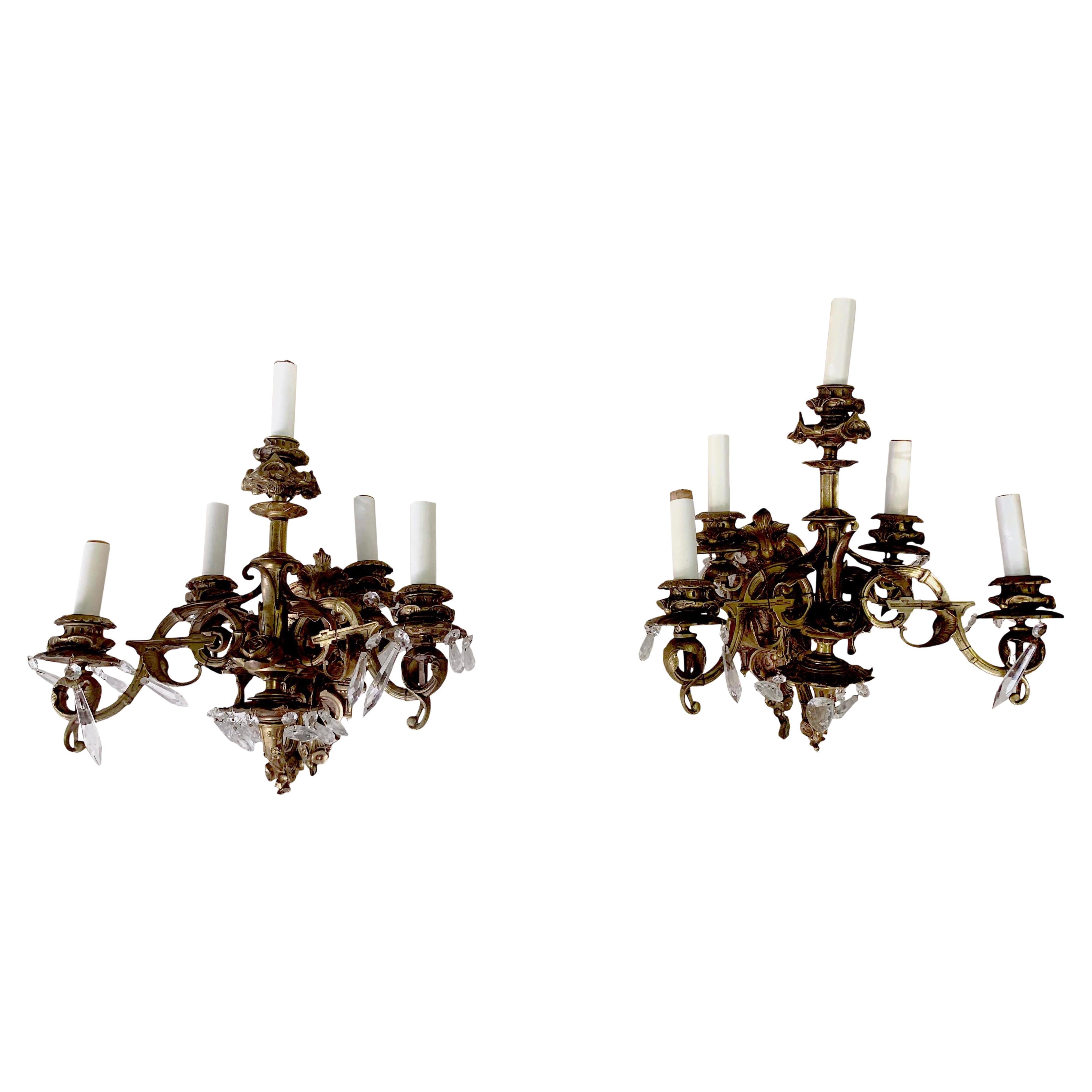 English Rosebud Gilt Bronze and Crystal Sconces With Five Arms, Circa 1800 - a P For Sale