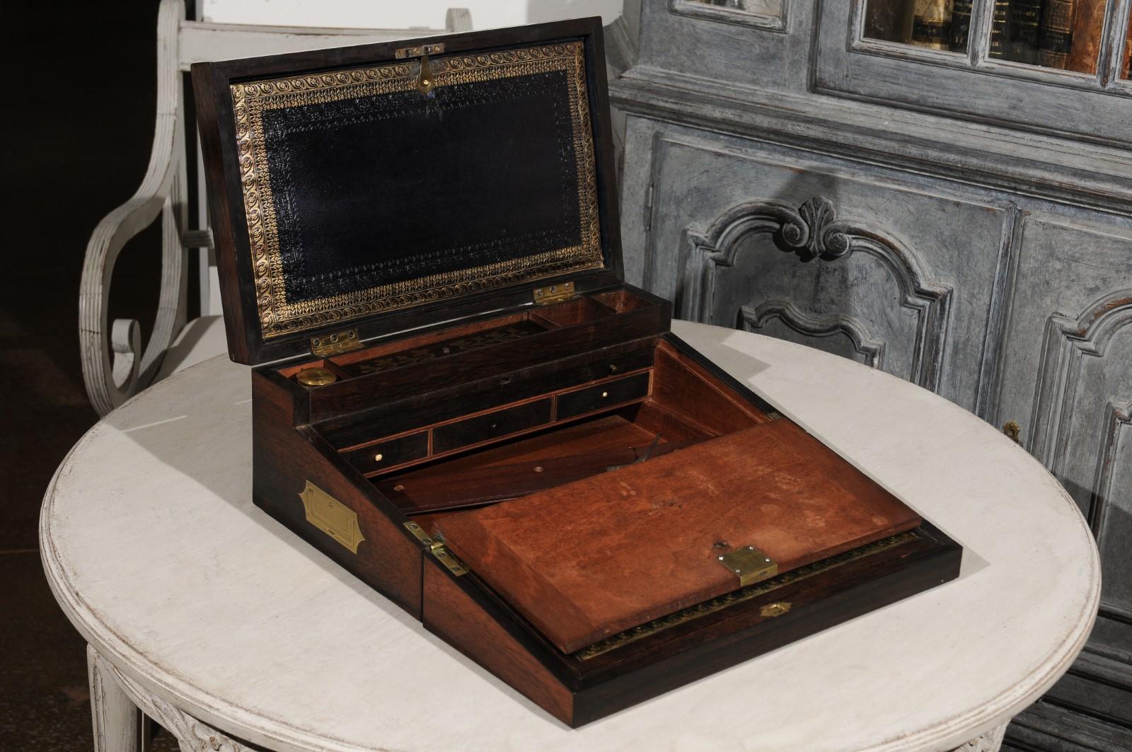 English Rosewood Box with Intricate Brass Motifs and Black Leather Writing Area 5