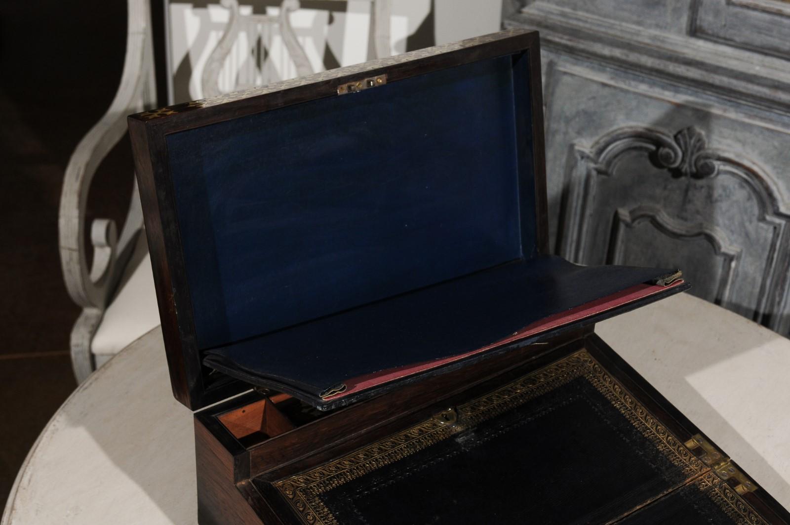English Rosewood Box with Intricate Brass Motifs and Black Leather Writing Area 6