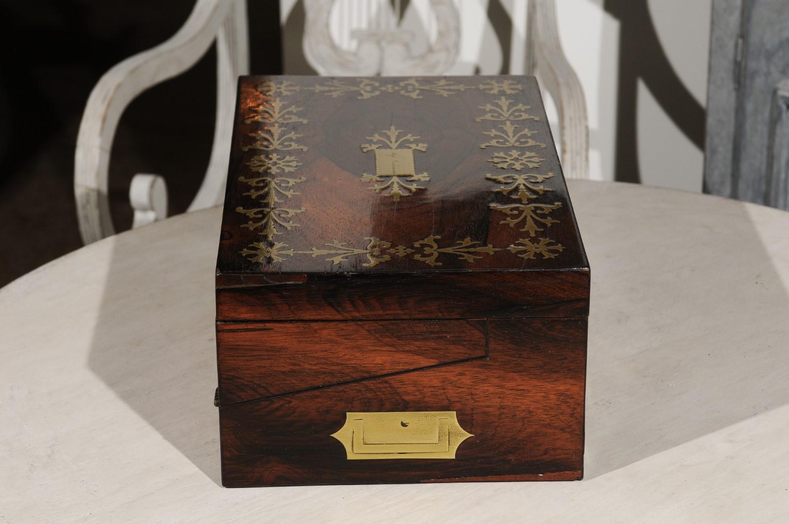 English Rosewood Box with Intricate Brass Motifs and Black Leather Writing Area In Good Condition In Atlanta, GA