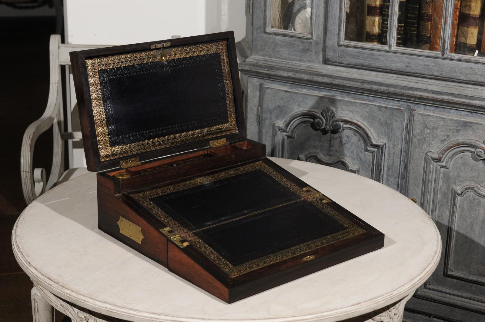 English Rosewood Box with Intricate Brass Motifs and Black Leather Writing Area 2