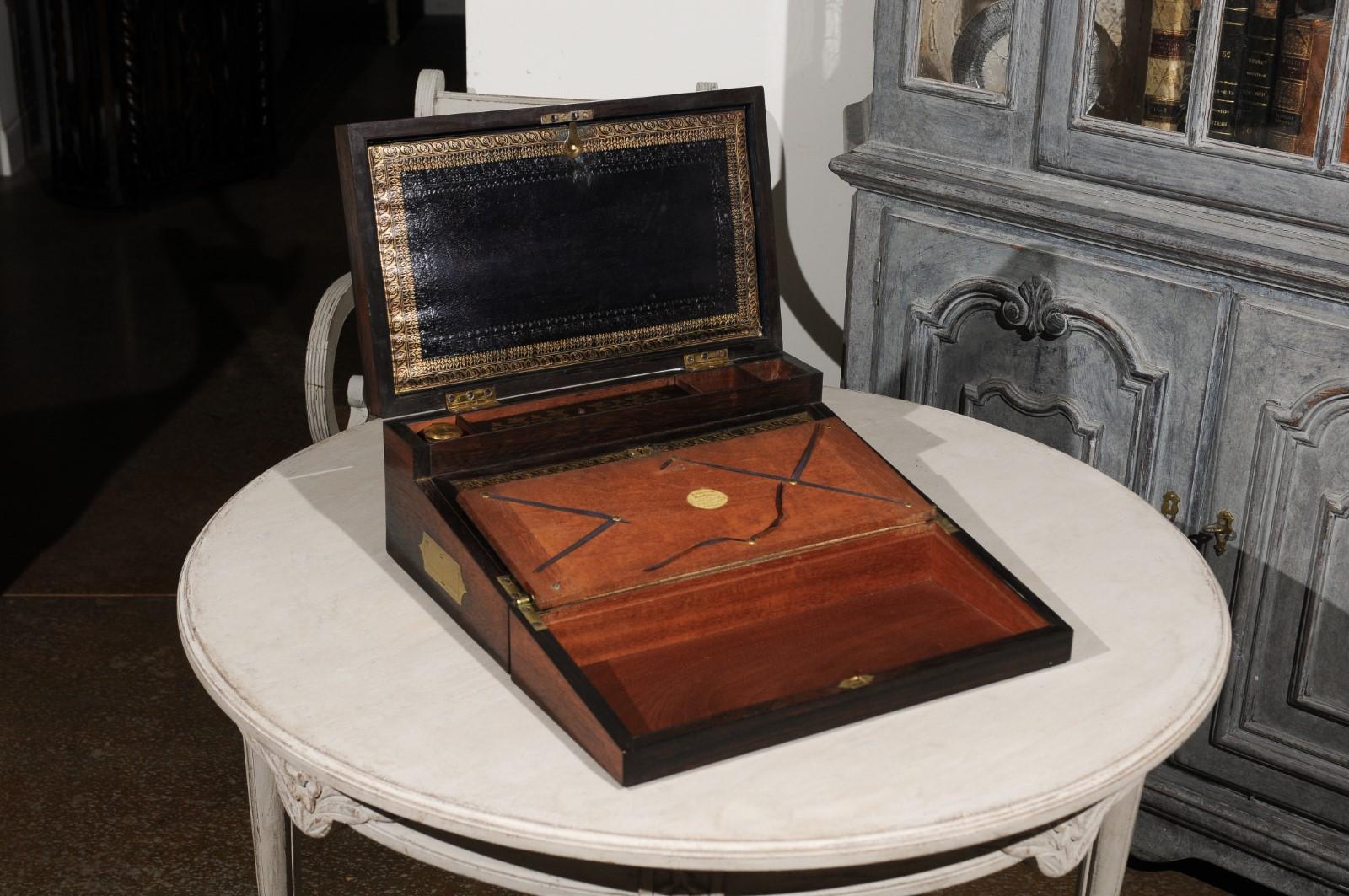 English Rosewood Box with Intricate Brass Motifs and Black Leather Writing Area 3
